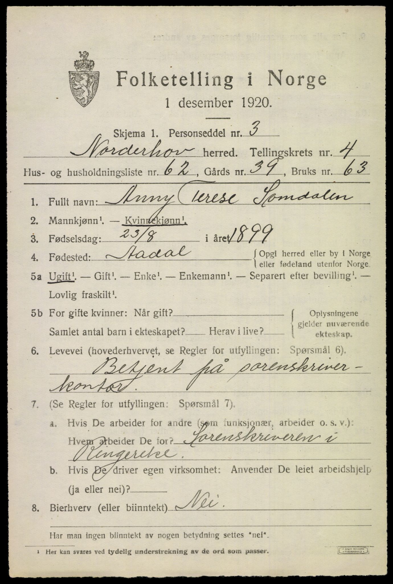 SAKO, 1920 census for Norderhov, 1920, p. 7045