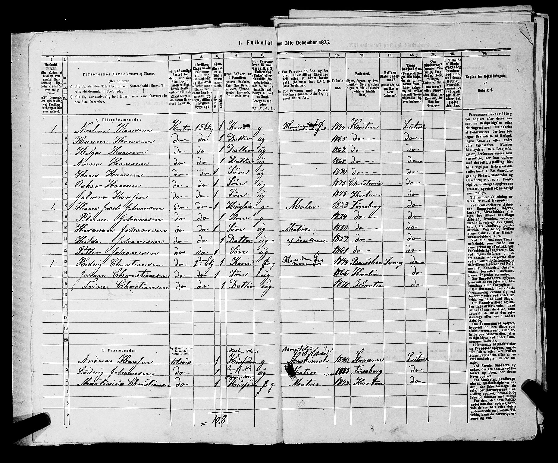 SAKO, 1875 census for 0703P Horten, 1875, p. 152