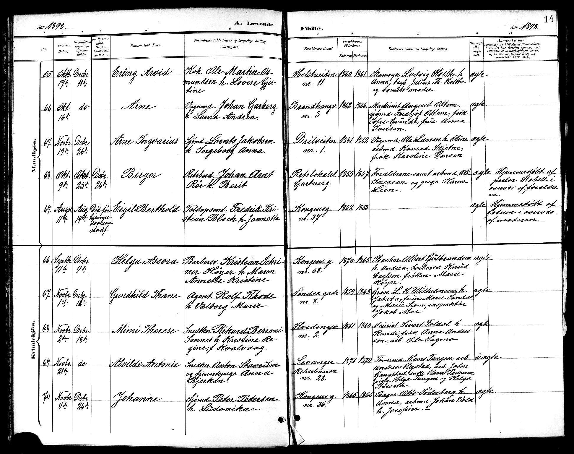 Ministerialprotokoller, klokkerbøker og fødselsregistre - Sør-Trøndelag, SAT/A-1456/601/L0094: Parish register (copy) no. 601C12, 1898-1911, p. 14