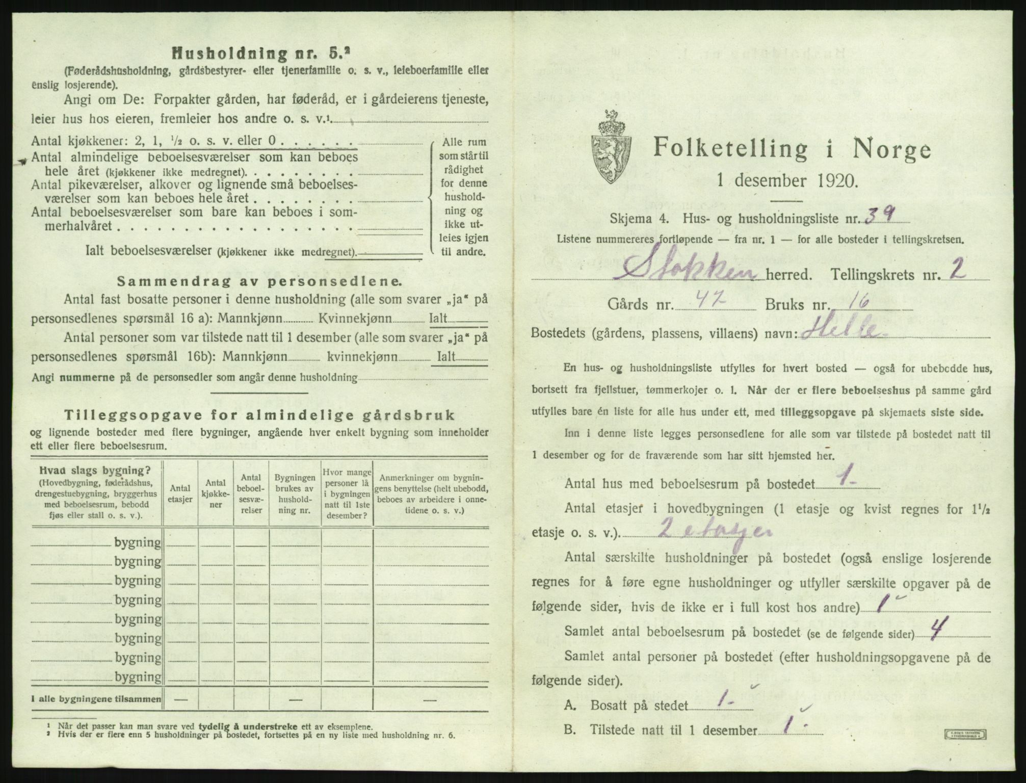 SAK, 1920 census for Stokken, 1920, p. 296