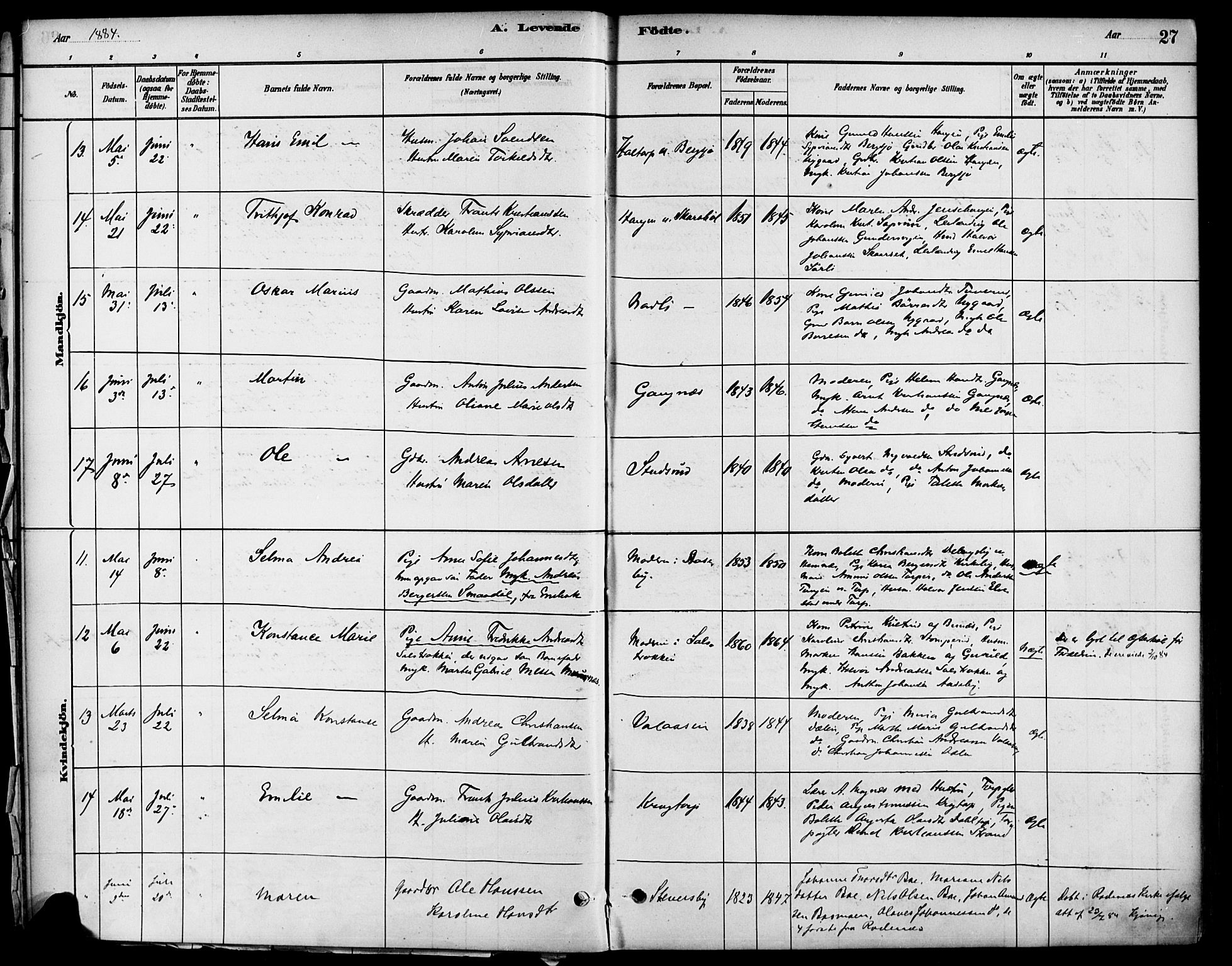 Høland prestekontor Kirkebøker, SAO/A-10346a/F/Fb/L0001: Parish register (official) no. II 1, 1880-1897, p. 27