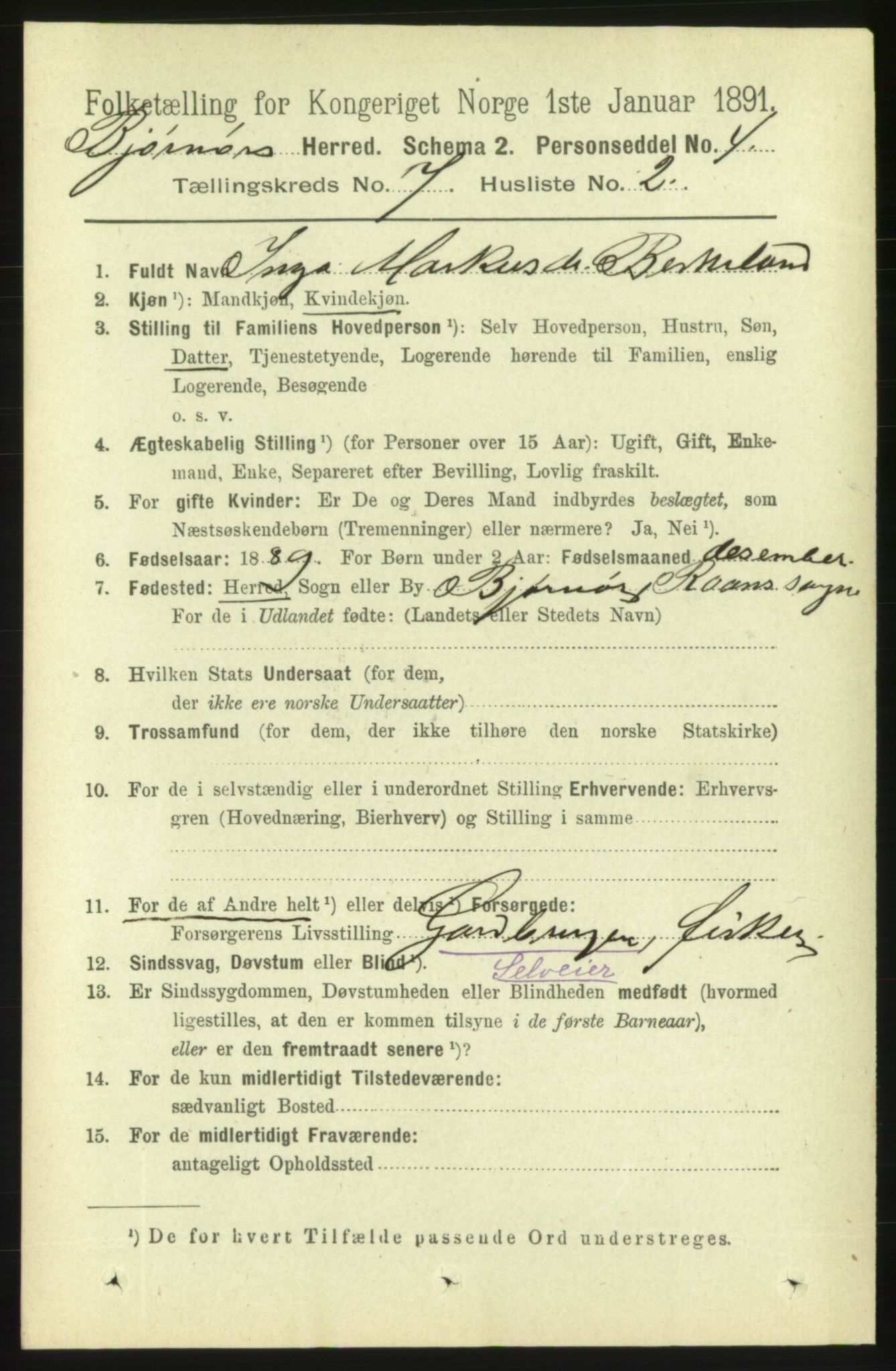 RA, 1891 census for 1632 Bjørnør, 1891, p. 2996