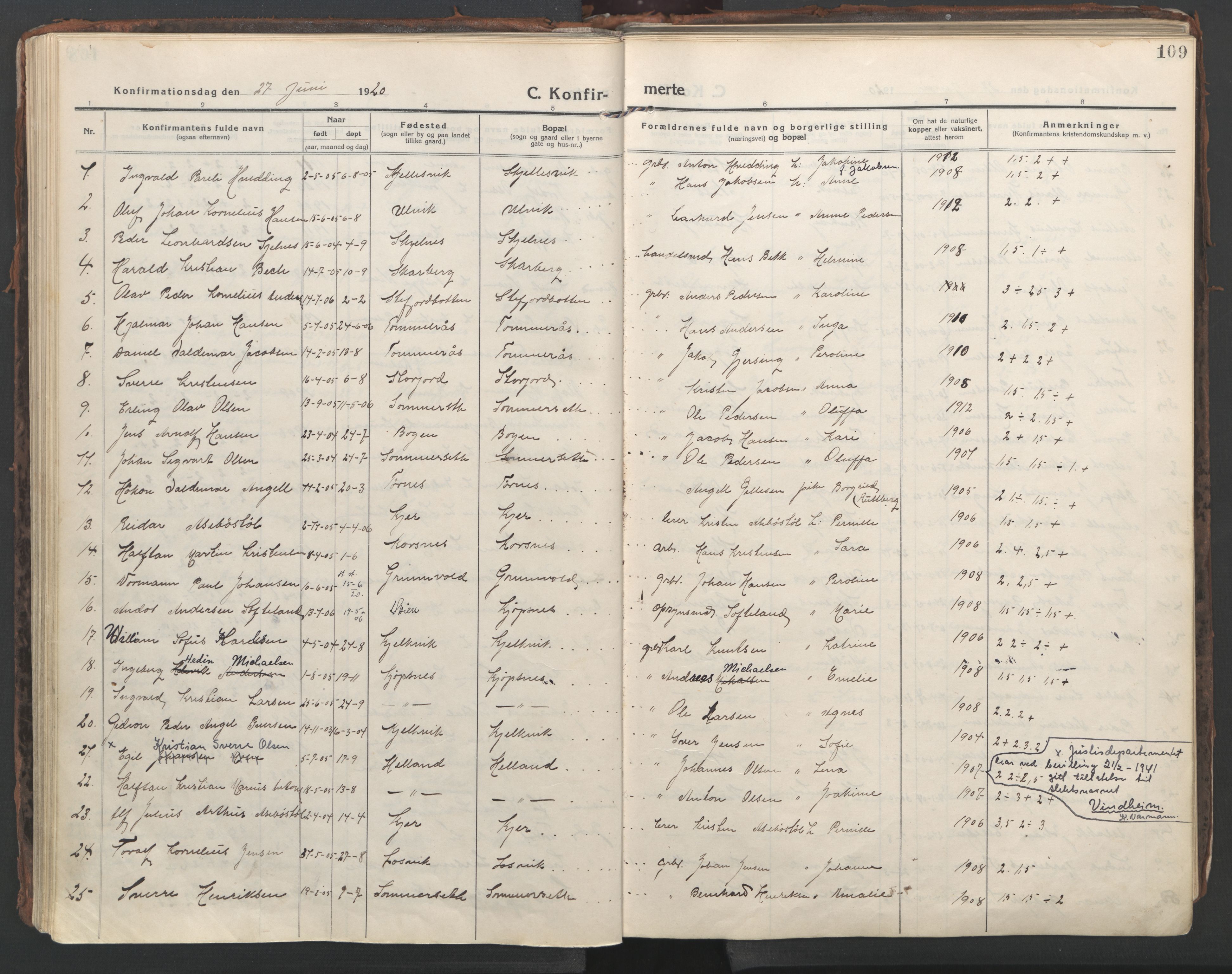 Ministerialprotokoller, klokkerbøker og fødselsregistre - Nordland, AV/SAT-A-1459/861/L0872: Parish register (official) no. 861A07, 1915-1924, p. 109