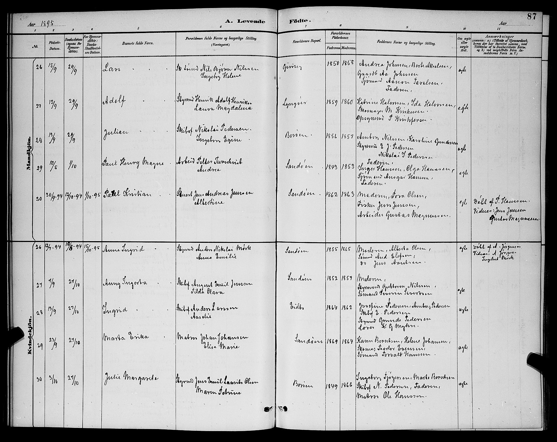 Dypvåg sokneprestkontor, AV/SAK-1111-0007/F/Fb/Fba/L0013: Parish register (copy) no. B 13, 1887-1900, p. 87