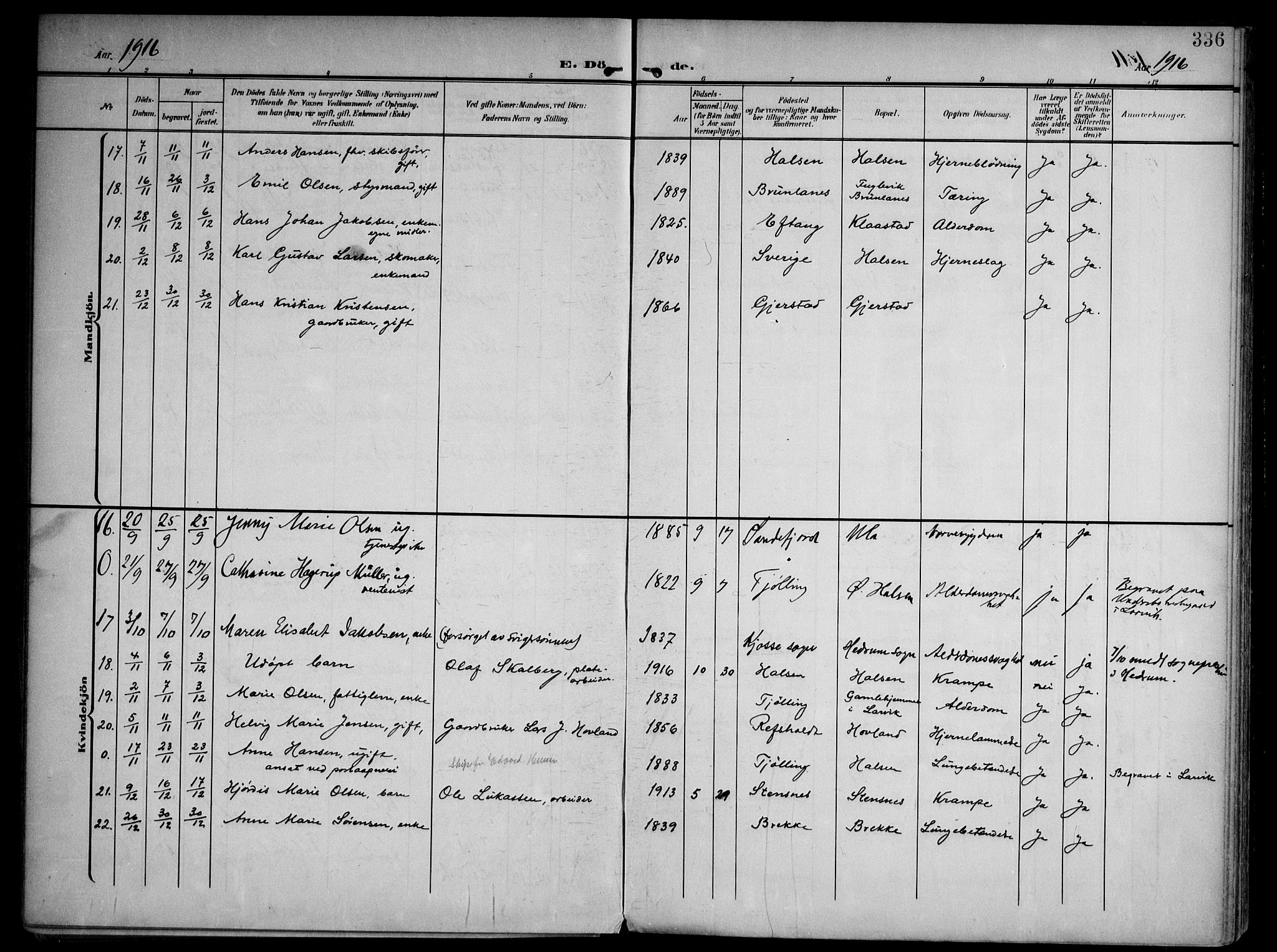 Tjølling kirkebøker, AV/SAKO-A-60/F/Fa/L0010: Parish register (official) no. 10, 1906-1923, p. 336