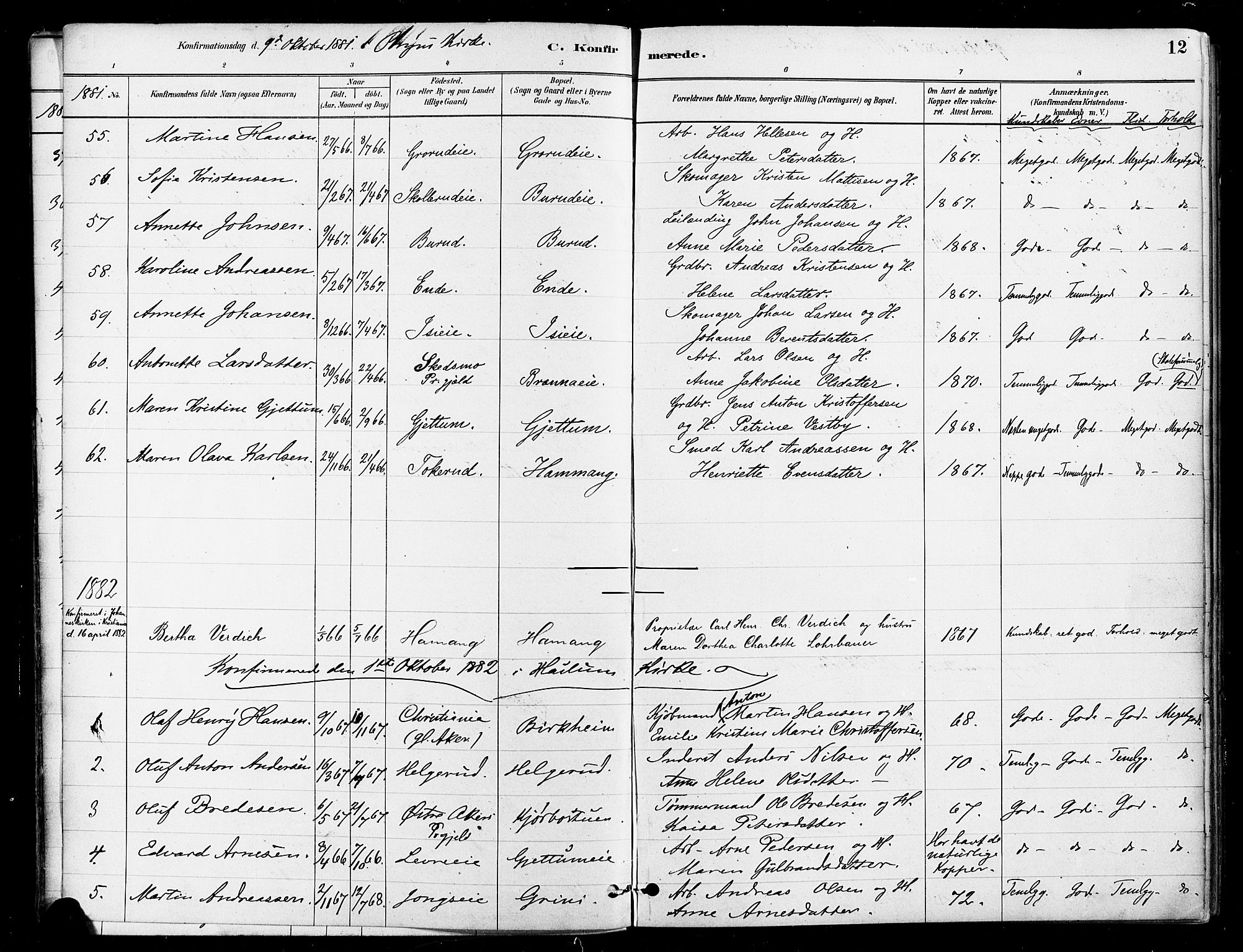 Asker prestekontor Kirkebøker, SAO/A-10256a/F/Fb/L0002: Parish register (official) no. II 2, 1879-1921, p. 12