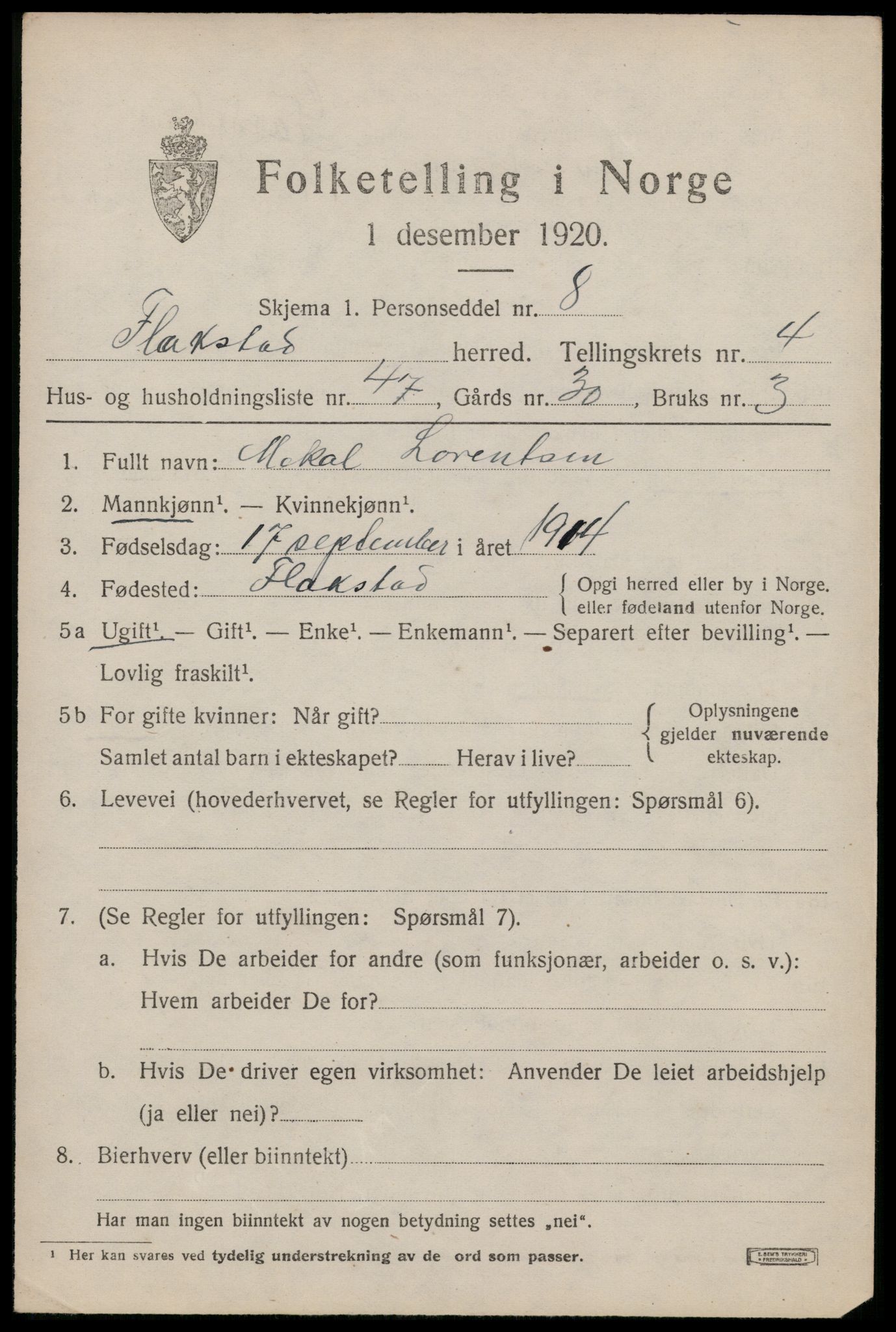 SAT, 1920 census for Flakstad, 1920, p. 3475