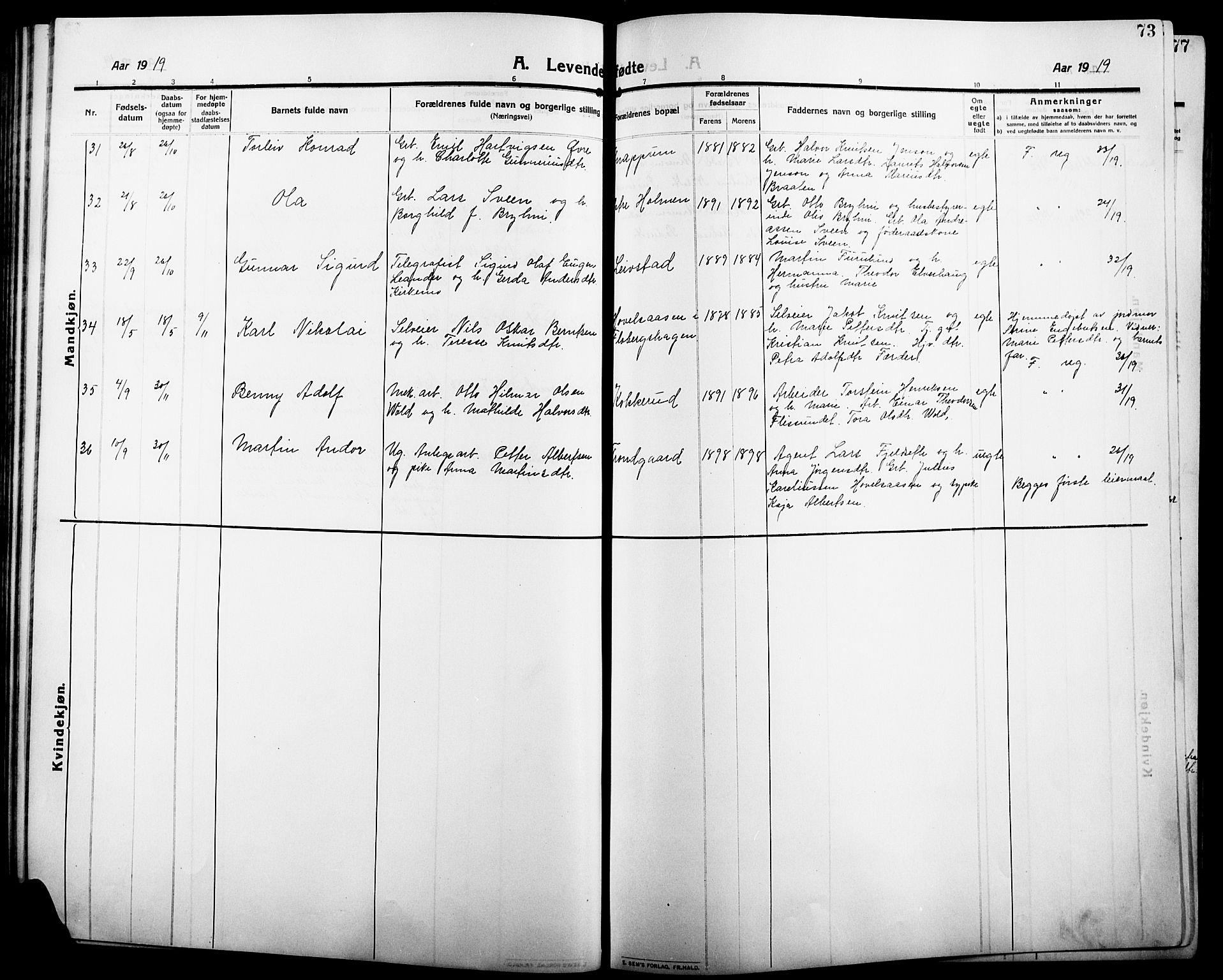 Åsnes prestekontor, AV/SAH-PREST-042/H/Ha/Hab/L0007: Parish register (copy) no. 7, 1909-1926, p. 73