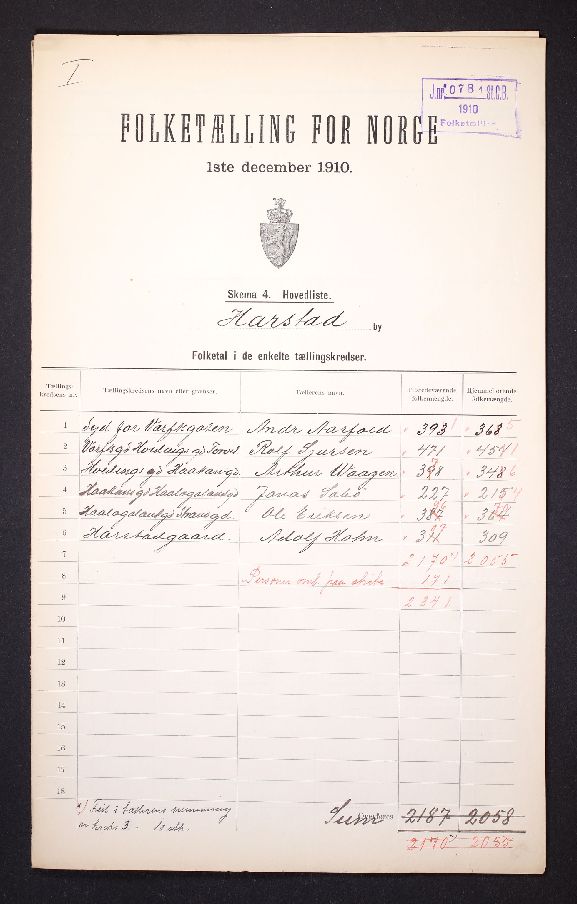 RA, 1910 census for Harstad, 1910, p. 2