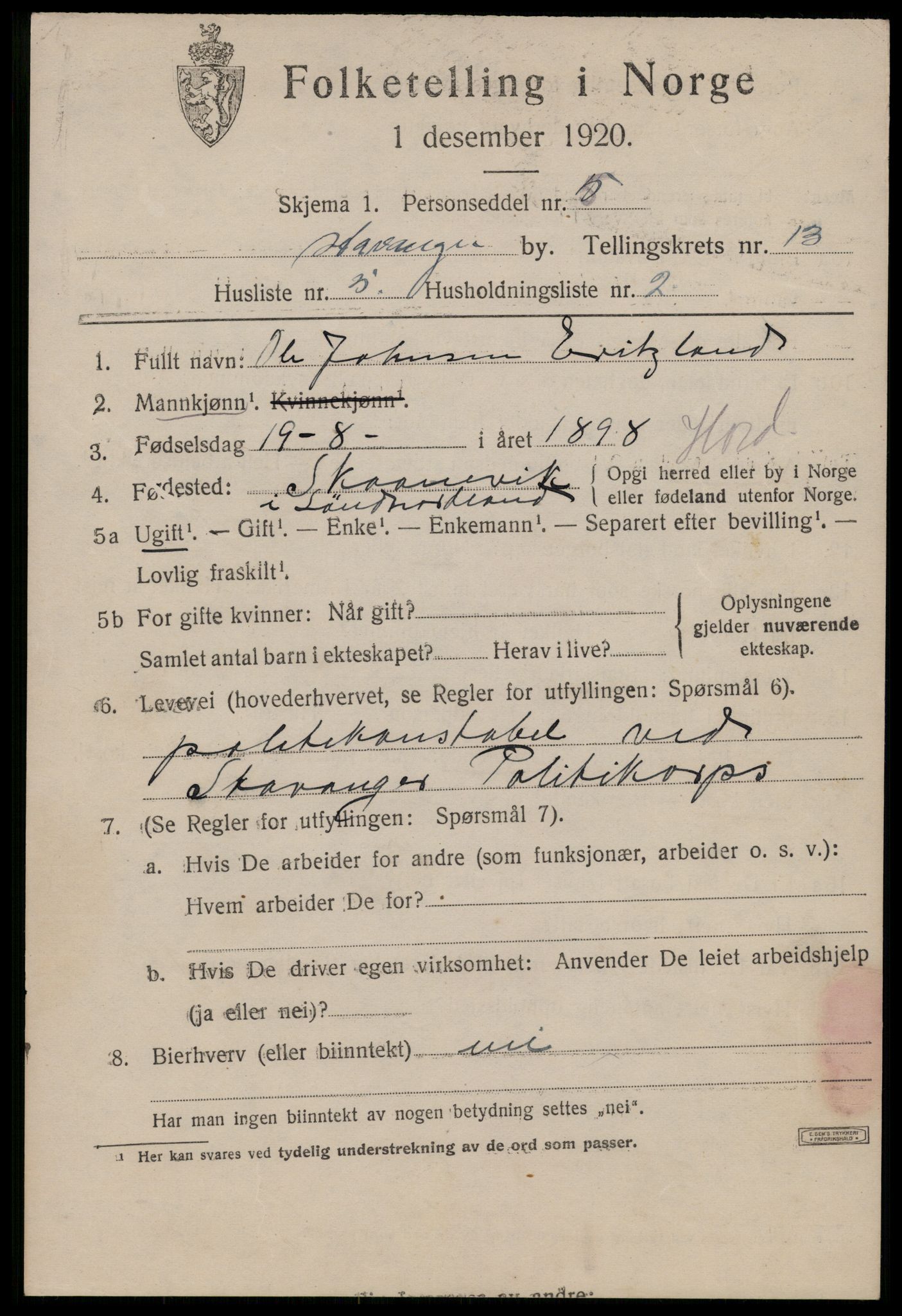 SAST, 1920 census for Stavanger, 1920, p. 57754