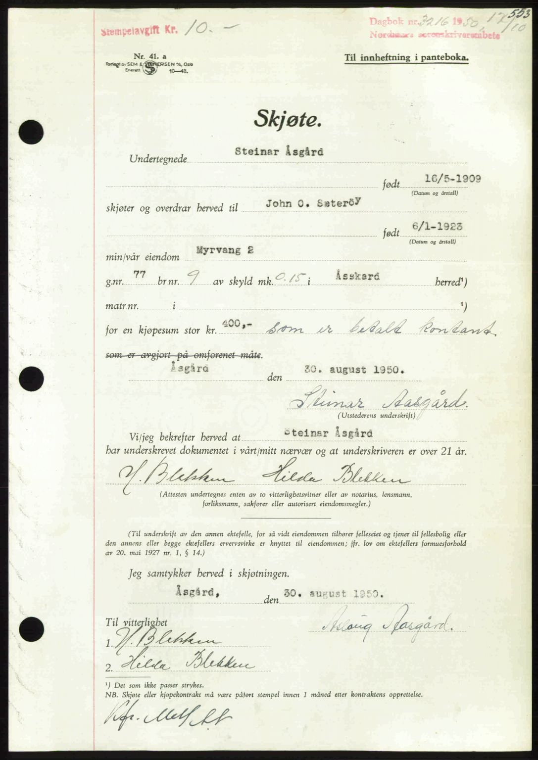 Nordmøre sorenskriveri, AV/SAT-A-4132/1/2/2Ca: Mortgage book no. A116, 1950-1950, Diary no: : 3216/1950