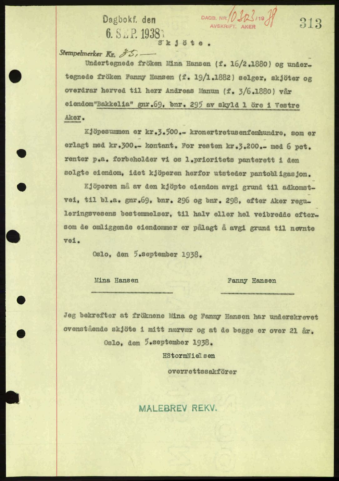 Aker herredsskriveri, SAO/A-10896/G/Gb/Gba/Gbab/L0025: Mortgage book no. A154-155, 1938-1938, Diary no: : 10303/1938