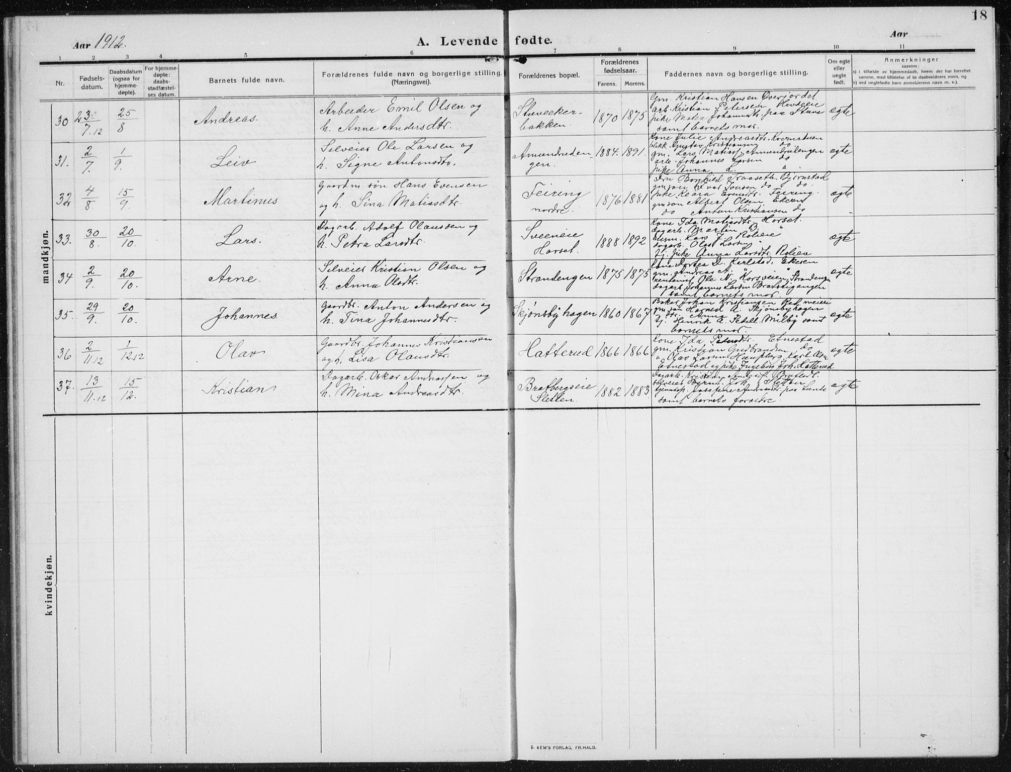 Biri prestekontor, SAH/PREST-096/H/Ha/Hab/L0006: Parish register (copy) no. 6, 1909-1938, p. 18