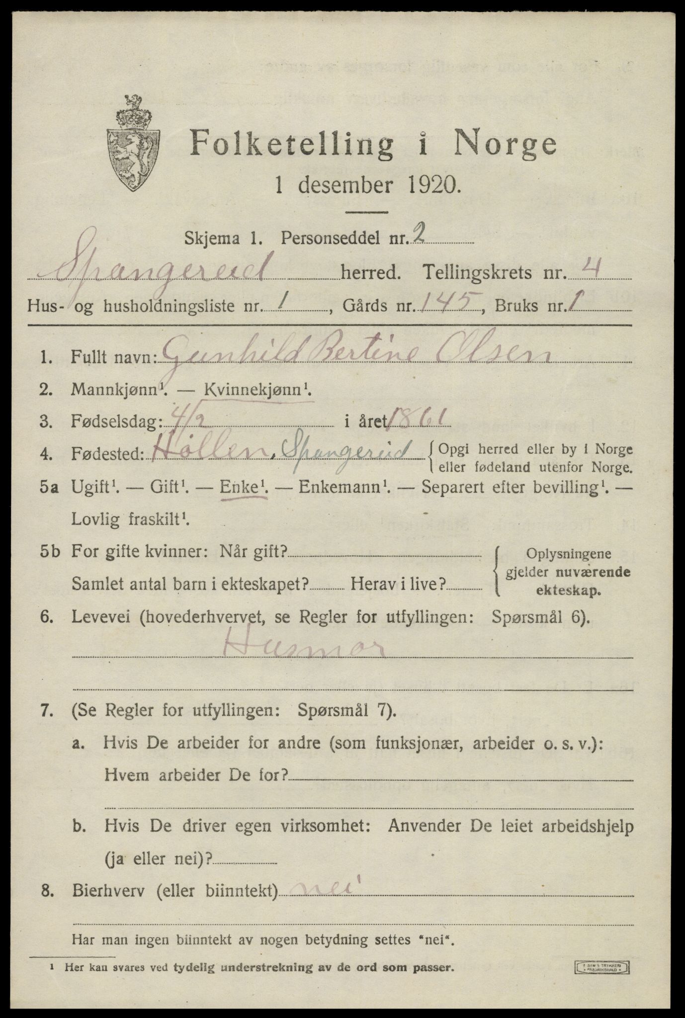 SAK, 1920 census for Spangereid, 1920, p. 1523