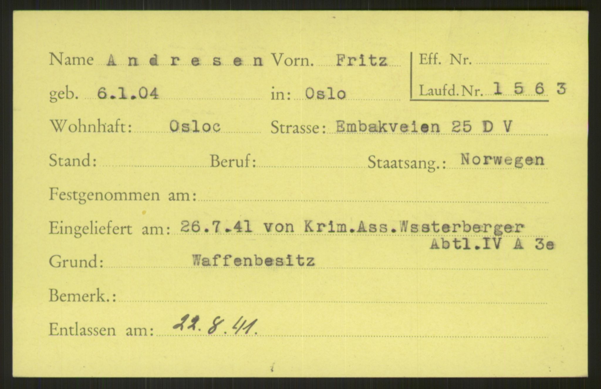 Befehlshaber der Sicherheitspolizei und des SD, RA/RAFA-5969/E/Ea/Eab/L0001: Register over norske fanger i Møllergata 19 ordnet etter fangenummer: 1-2049, 1940-1945
