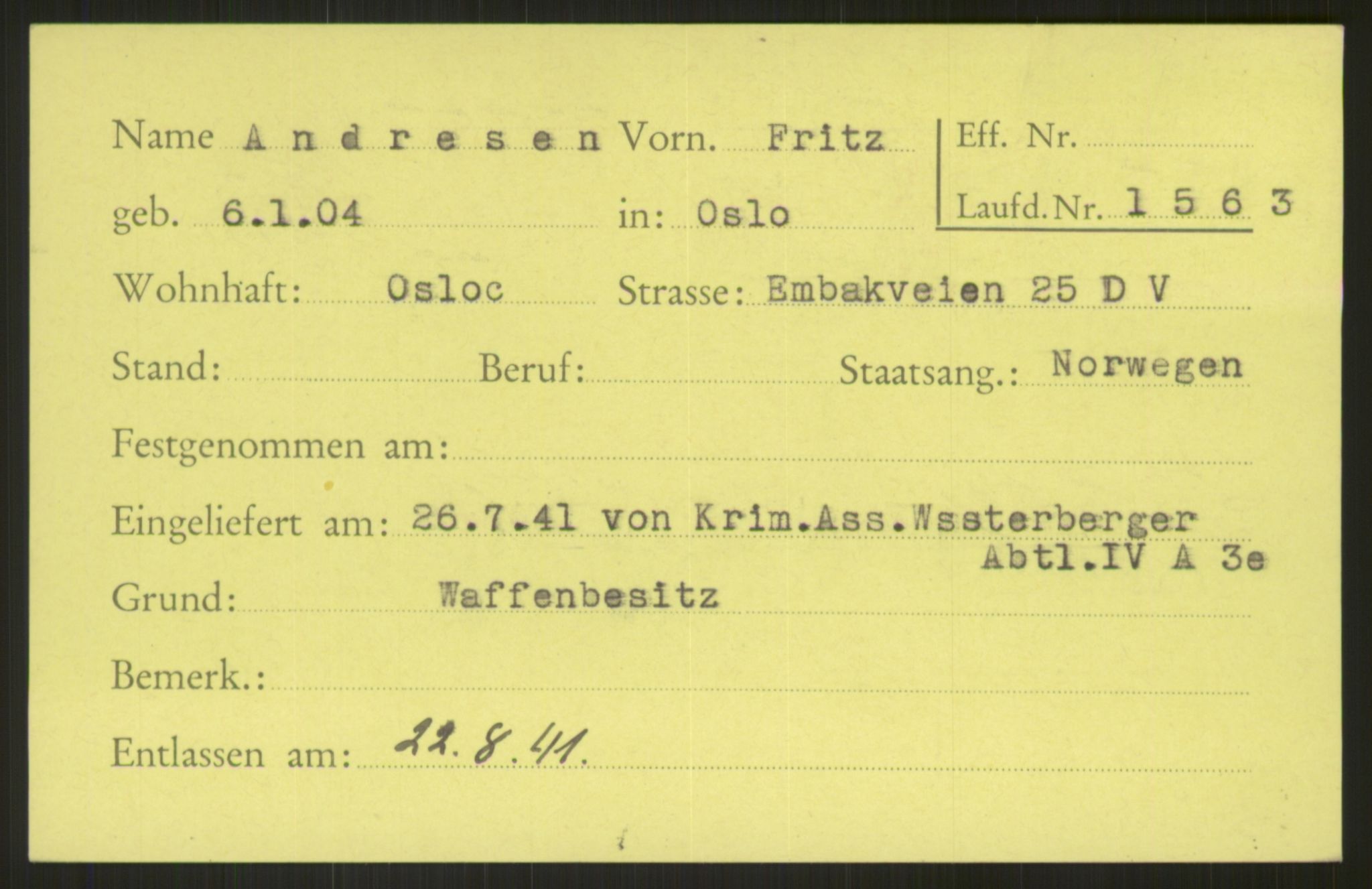 Befehlshaber der Sicherheitspolizei und des SD, AV/RA-RAFA-5969/E/Ea/Eab/L0001: Register over norske fanger i Møllergata 19 ordnet etter fangenummer: 1-2049, 1940-1945