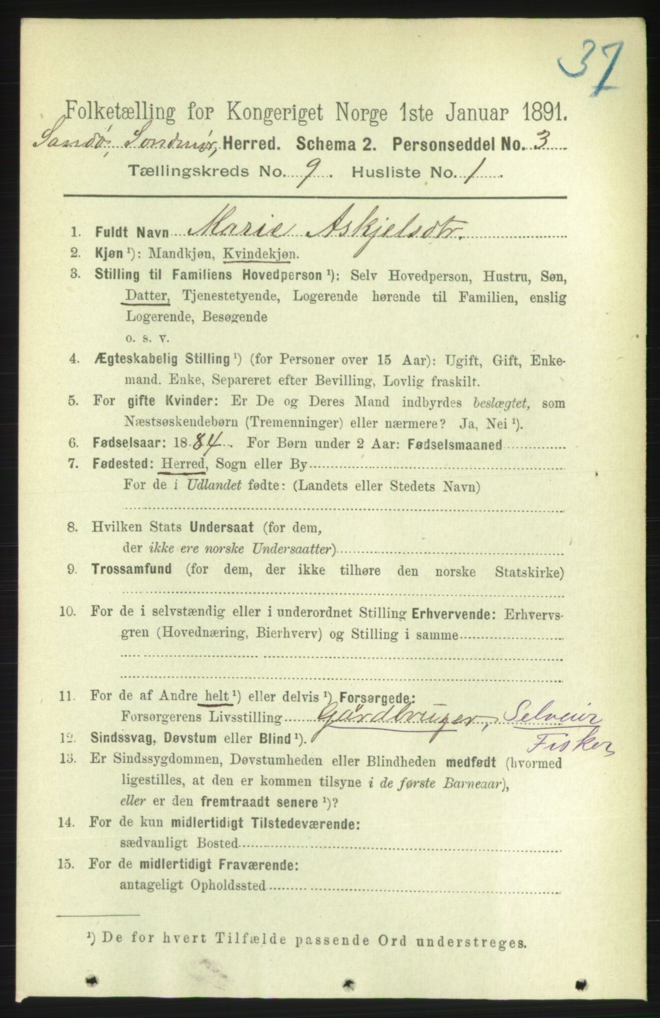 RA, 1891 census for 1514 Sande, 1891, p. 1492