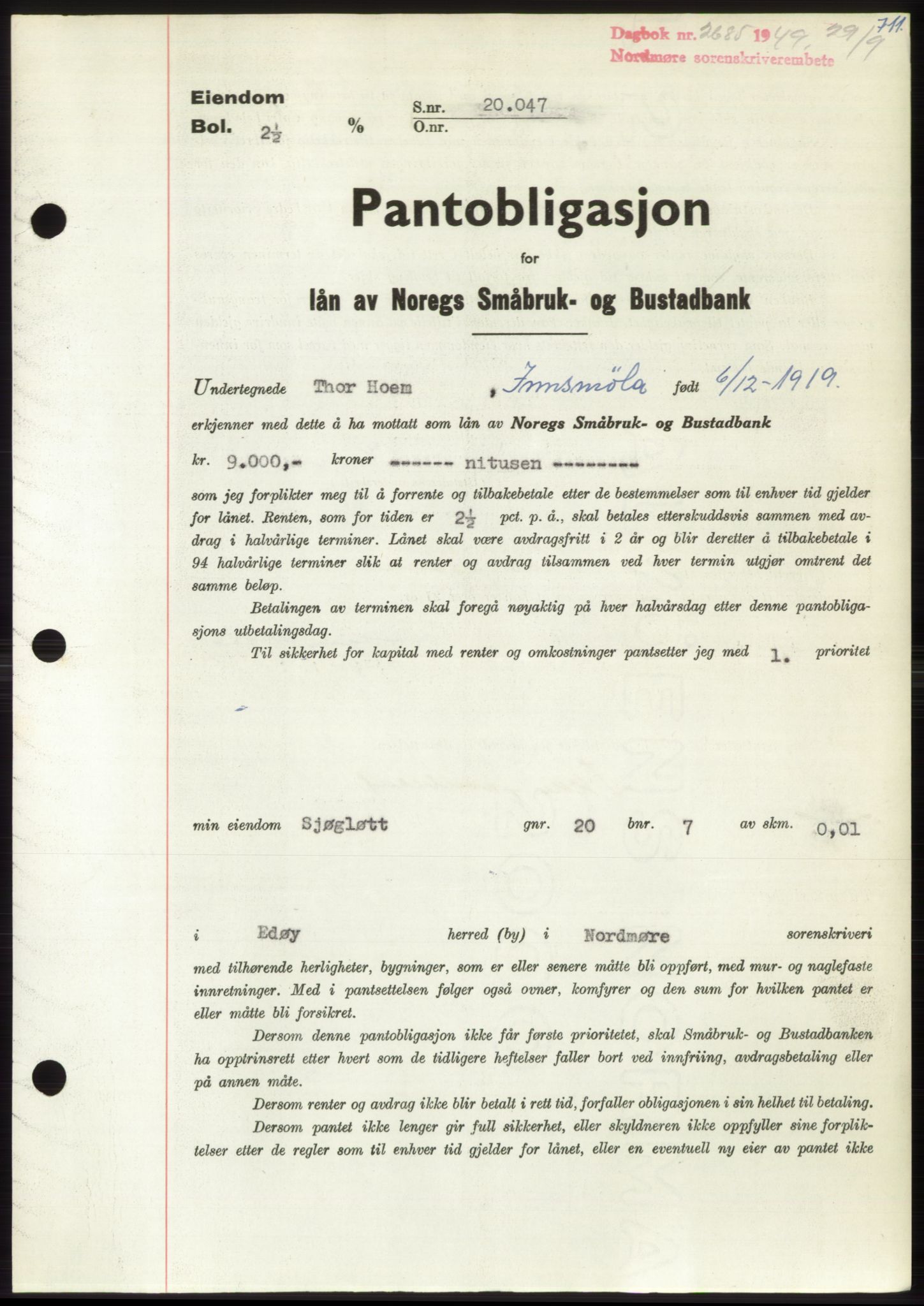 Nordmøre sorenskriveri, AV/SAT-A-4132/1/2/2Ca: Mortgage book no. B102, 1949-1949, Diary no: : 2685/1949