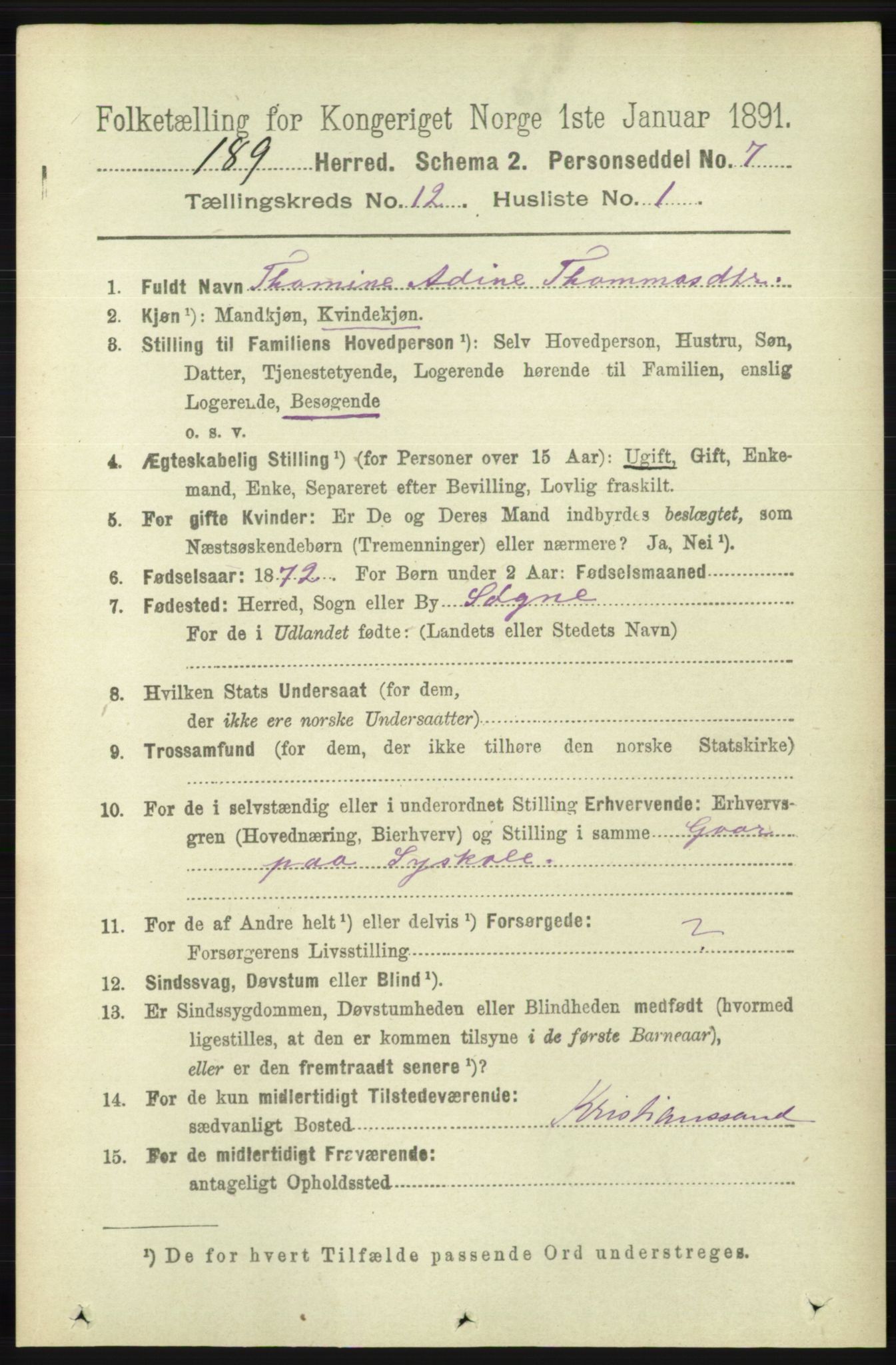 RA, 1891 census for 1018 Søgne, 1891, p. 3127