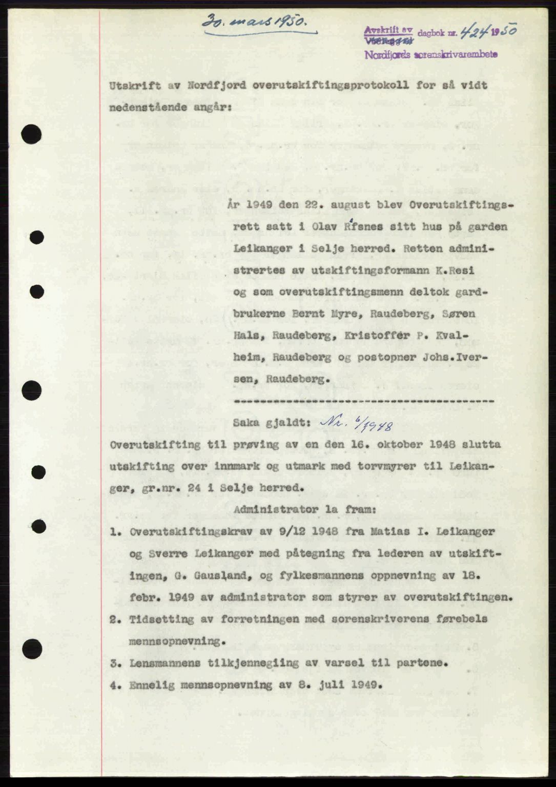 Nordfjord sorenskriveri, SAB/A-2801/02/02b/02bj/L0016a: Mortgage book no. A16 I, 1949-1950, Diary no: : 424/1950