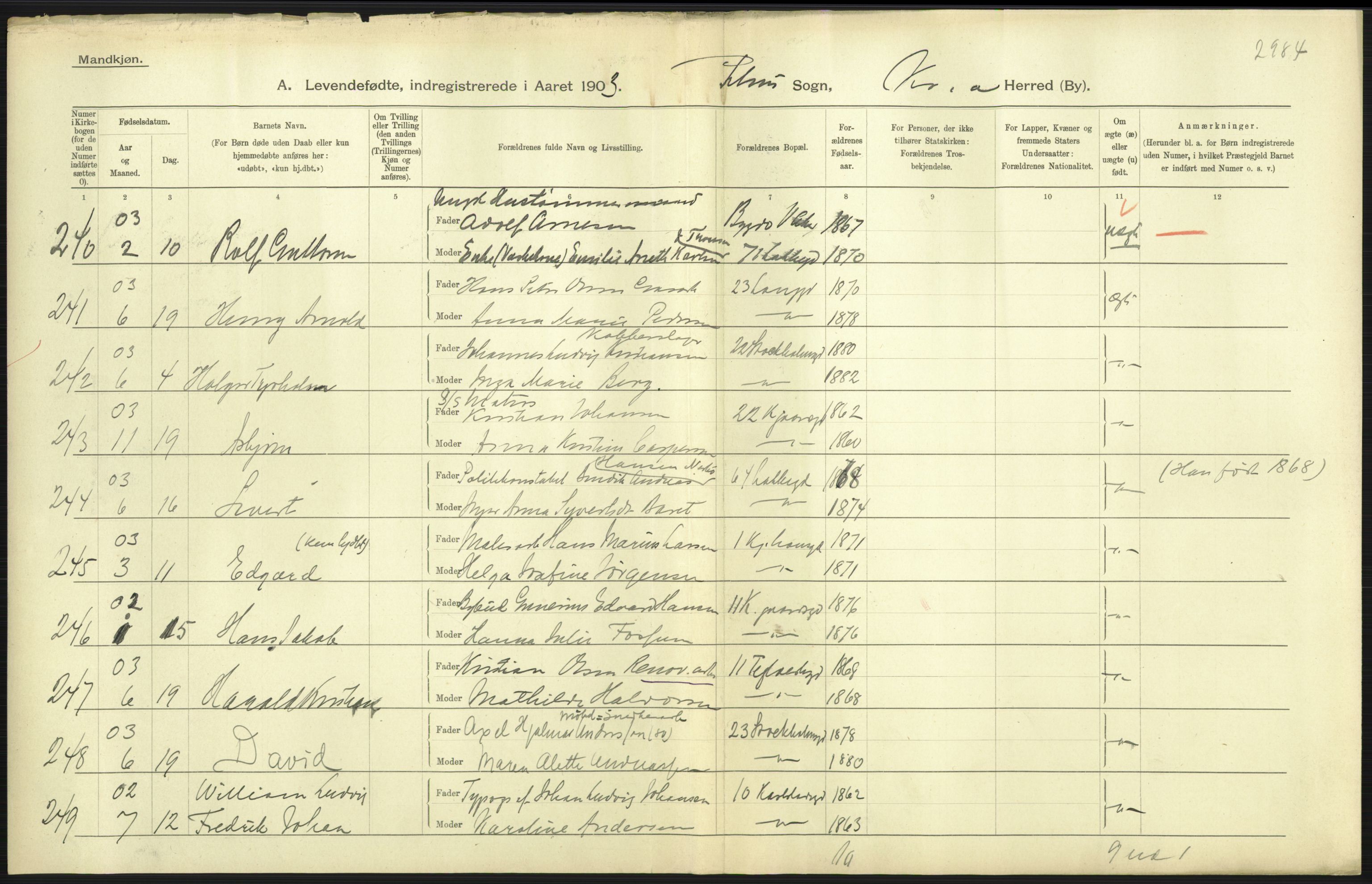 Statistisk sentralbyrå, Sosiodemografiske emner, Befolkning, AV/RA-S-2228/D/Df/Dfa/Dfaa/L0003: Kristiania: Fødte, 1903, p. 35