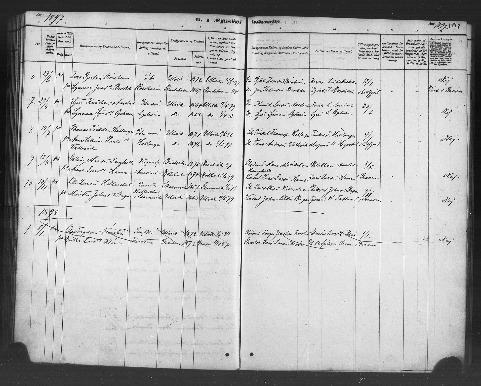 Ulvik sokneprestembete, SAB/A-78801/H/Haa: Parish register (official) no. B 1, 1878-1897, p. 107