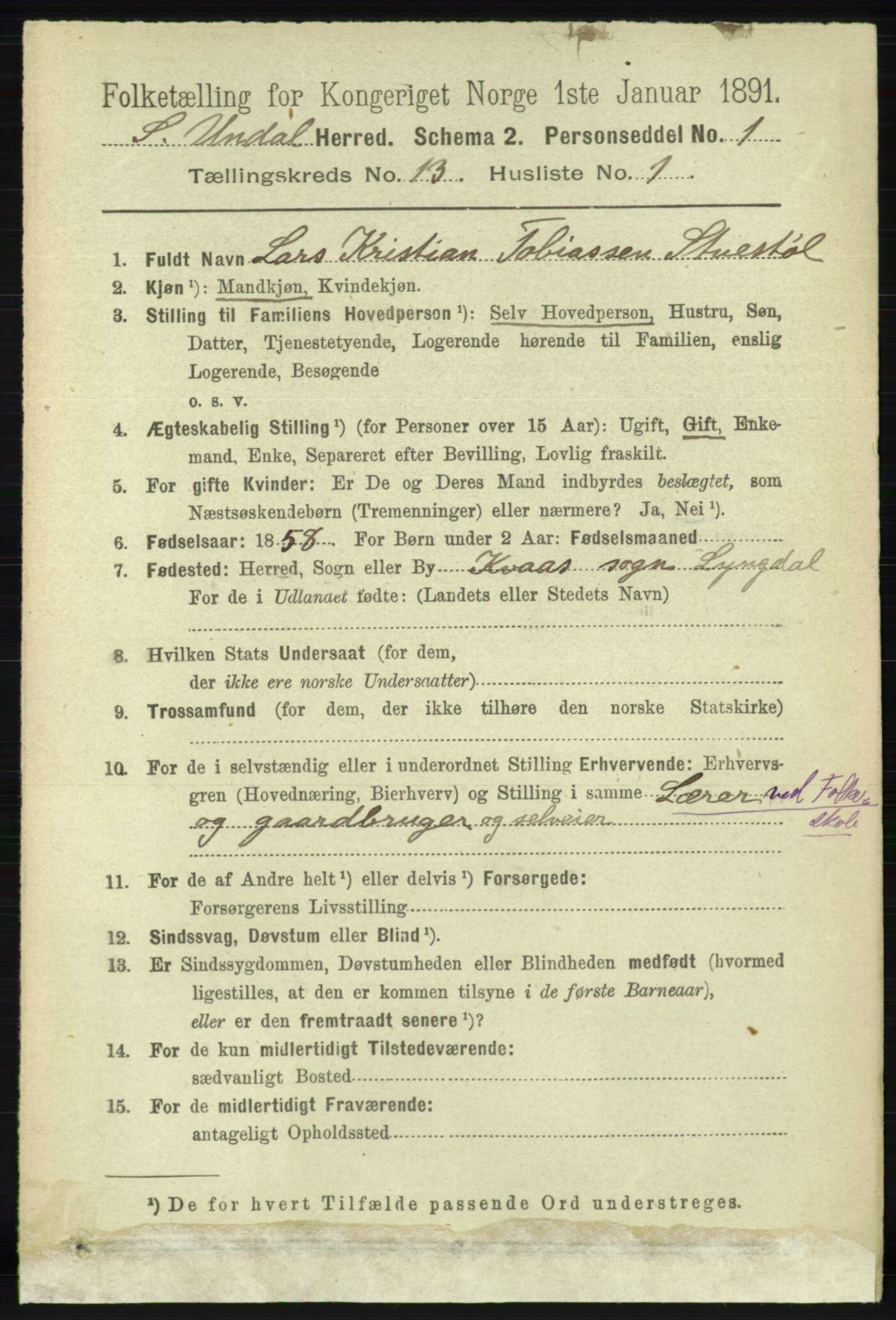 RA, 1891 census for 1029 Sør-Audnedal, 1891, p. 5791