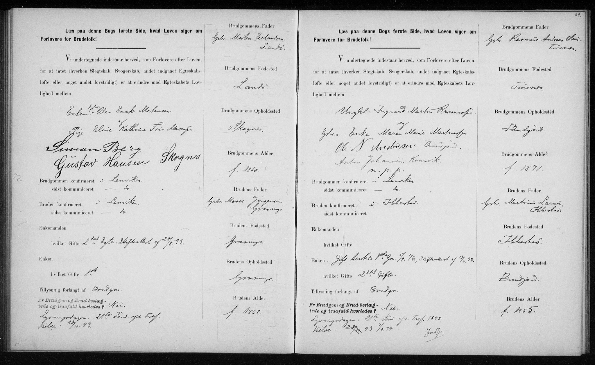 Lenvik sokneprestembete, AV/SATØ-S-1310/I/Ie/L0129: Banns register no. 129, 1890-1895, p. 69