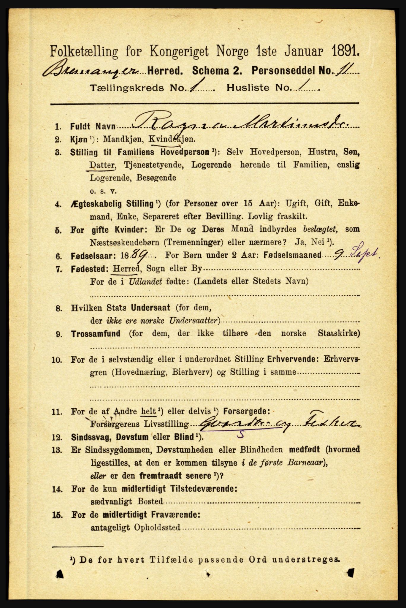 RA, 1891 census for 1438 Bremanger, 1891, p. 109