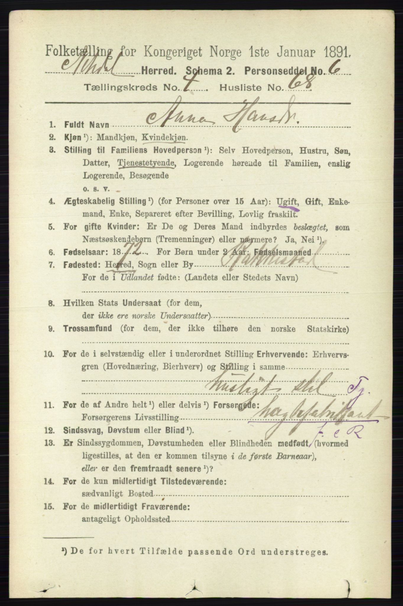 RA, 1891 census for 0233 Nittedal, 1891, p. 2068