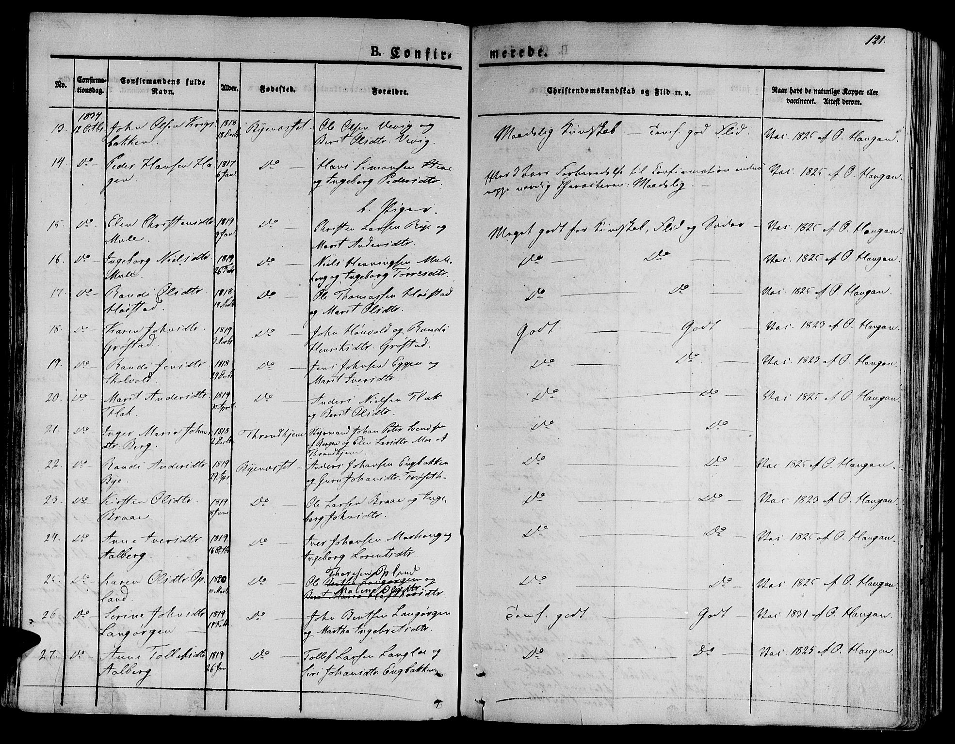 Ministerialprotokoller, klokkerbøker og fødselsregistre - Sør-Trøndelag, SAT/A-1456/612/L0374: Parish register (official) no. 612A07 /1, 1829-1845, p. 121
