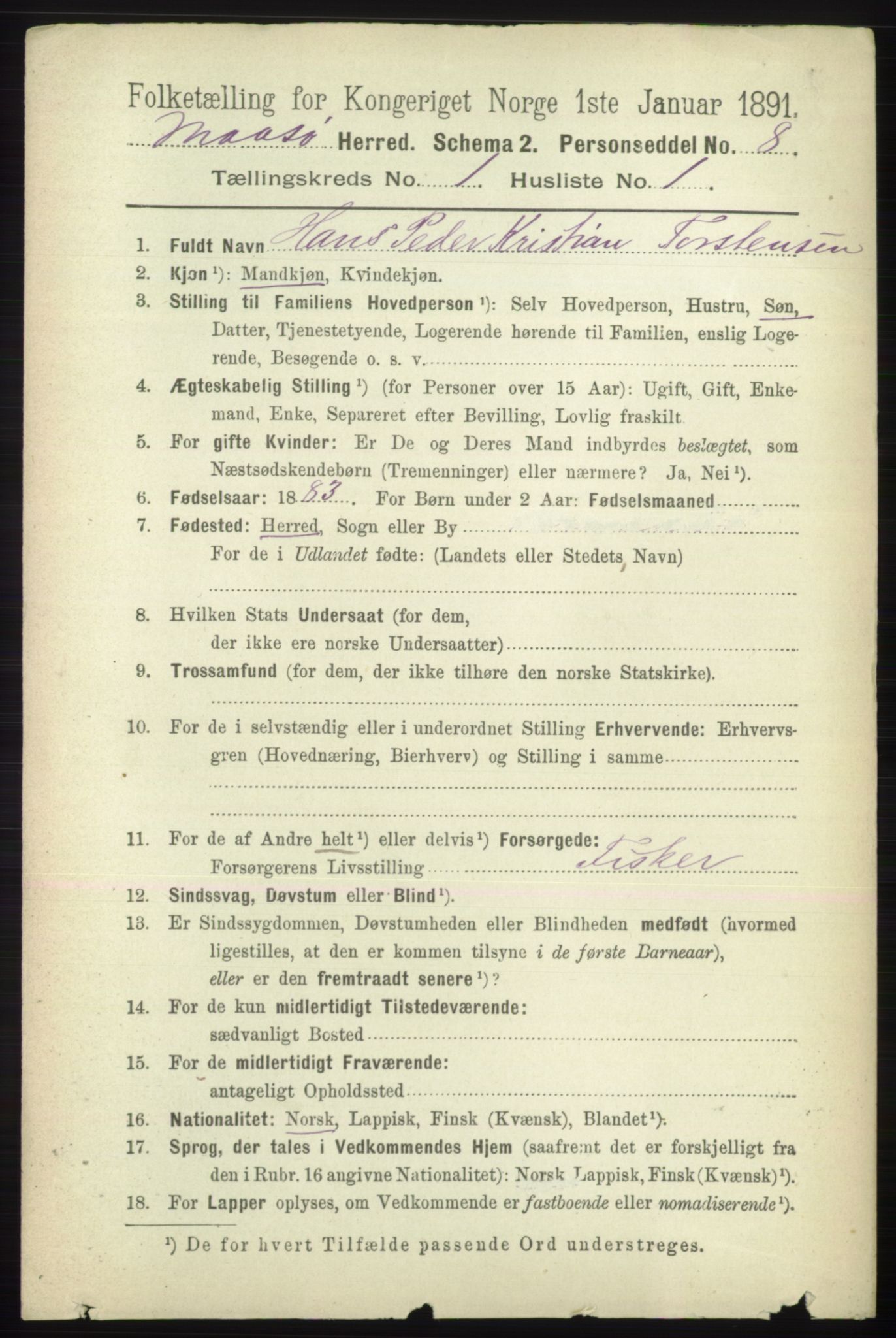 RA, 1891 census for 2018 Måsøy, 1891, p. 62