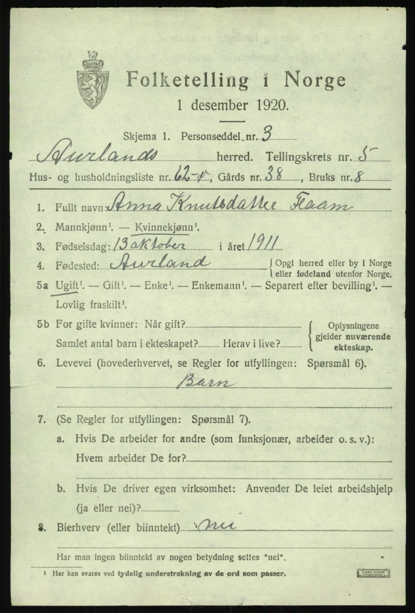 SAB, 1920 census for Aurland, 1920, p. 3864