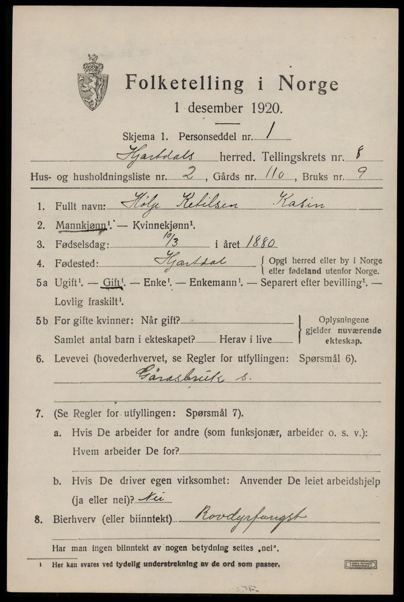 SAKO, 1920 census for Hjartdal, 1920, p. 5078