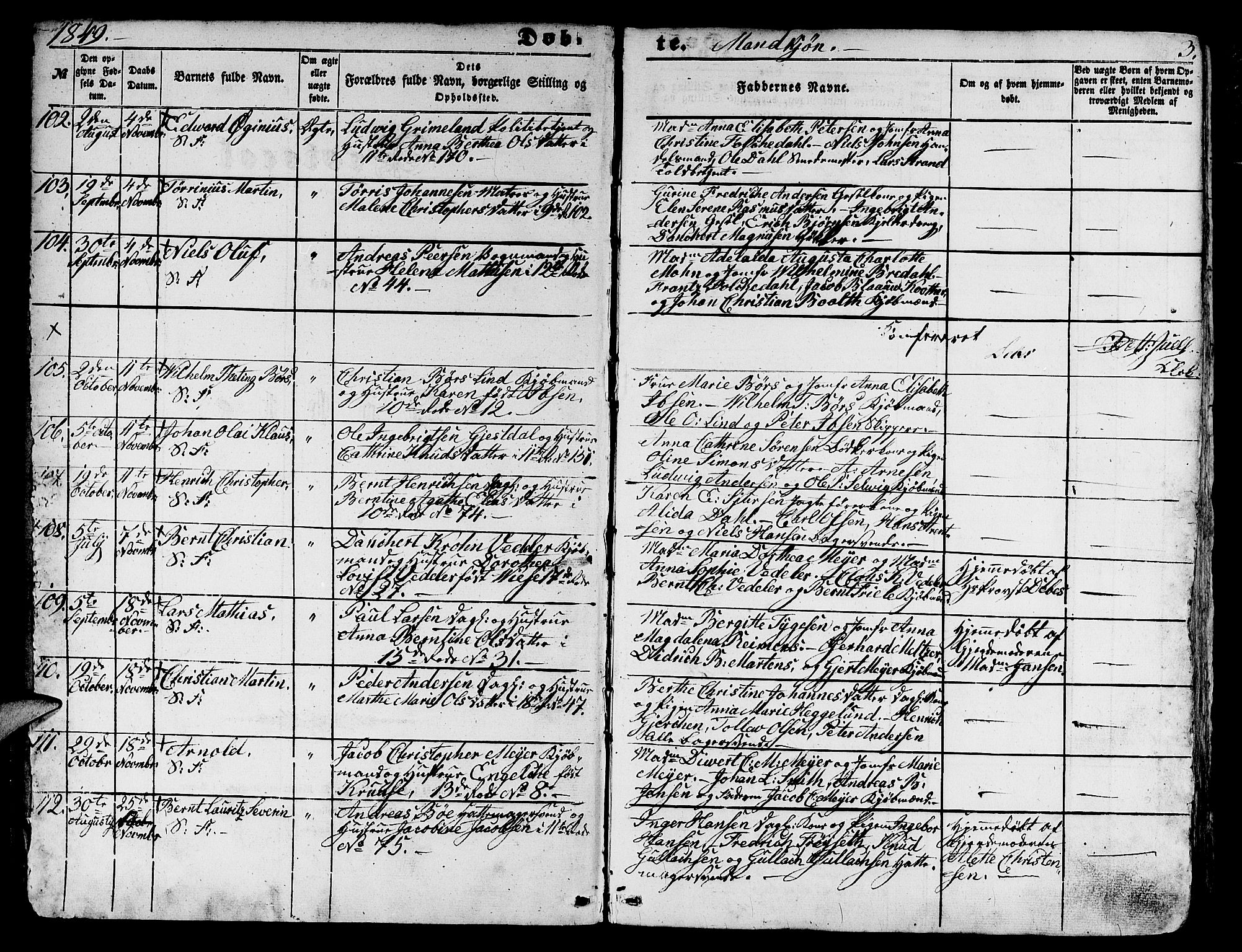 Domkirken sokneprestembete, SAB/A-74801/H/Hab/L0010: Parish register (copy) no. B 3, 1849-1856, p. 3