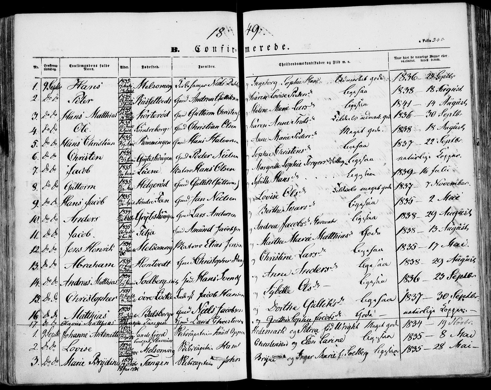 Stokke kirkebøker, AV/SAKO-A-320/F/Fa/L0007: Parish register (official) no. I 7, 1844-1857, p. 240