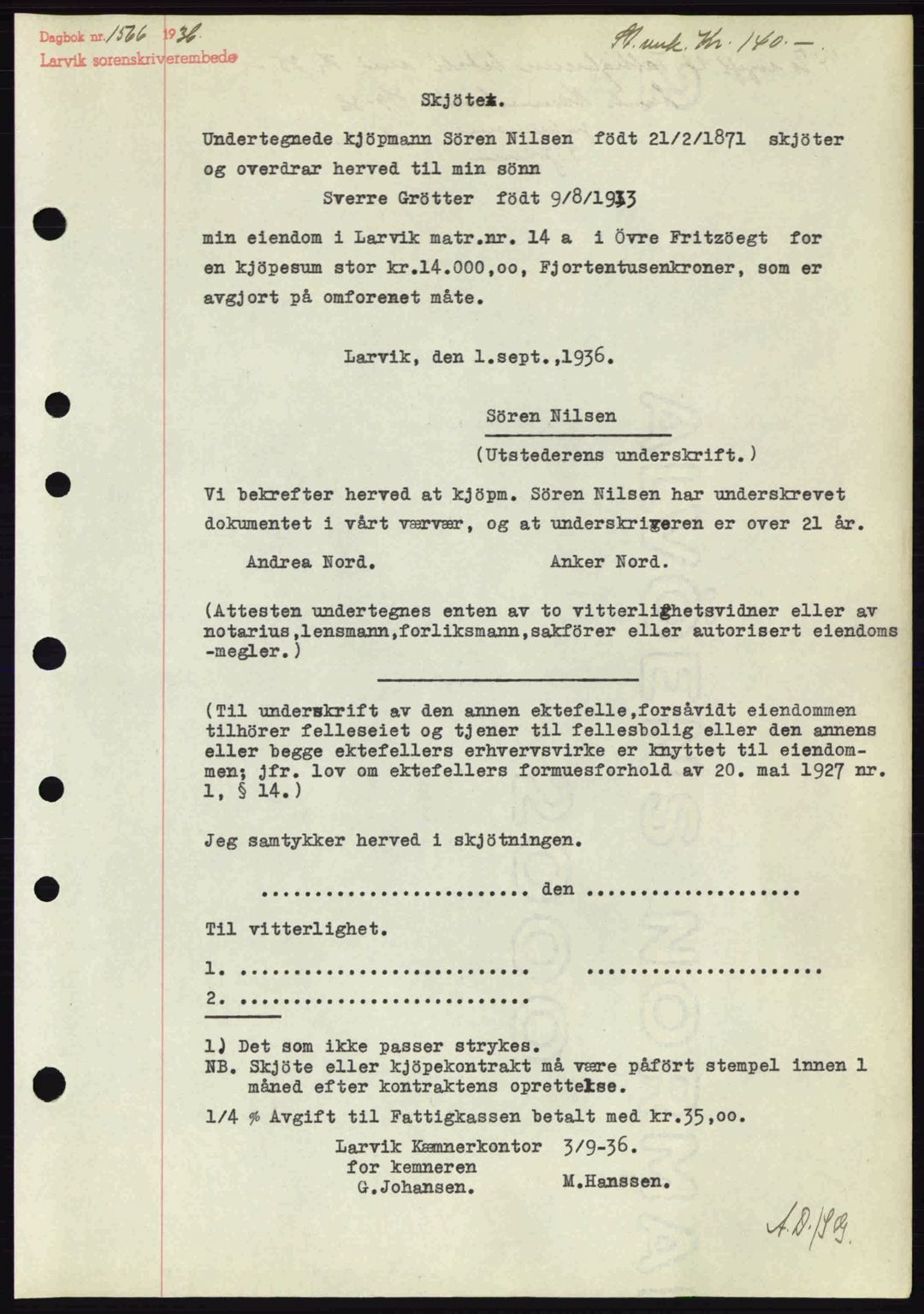 Larvik sorenskriveri, SAKO/A-83/G/Ga/Gab/L0067: Mortgage book no. A-1, 1936-1937, Diary no: : 1566/1936
