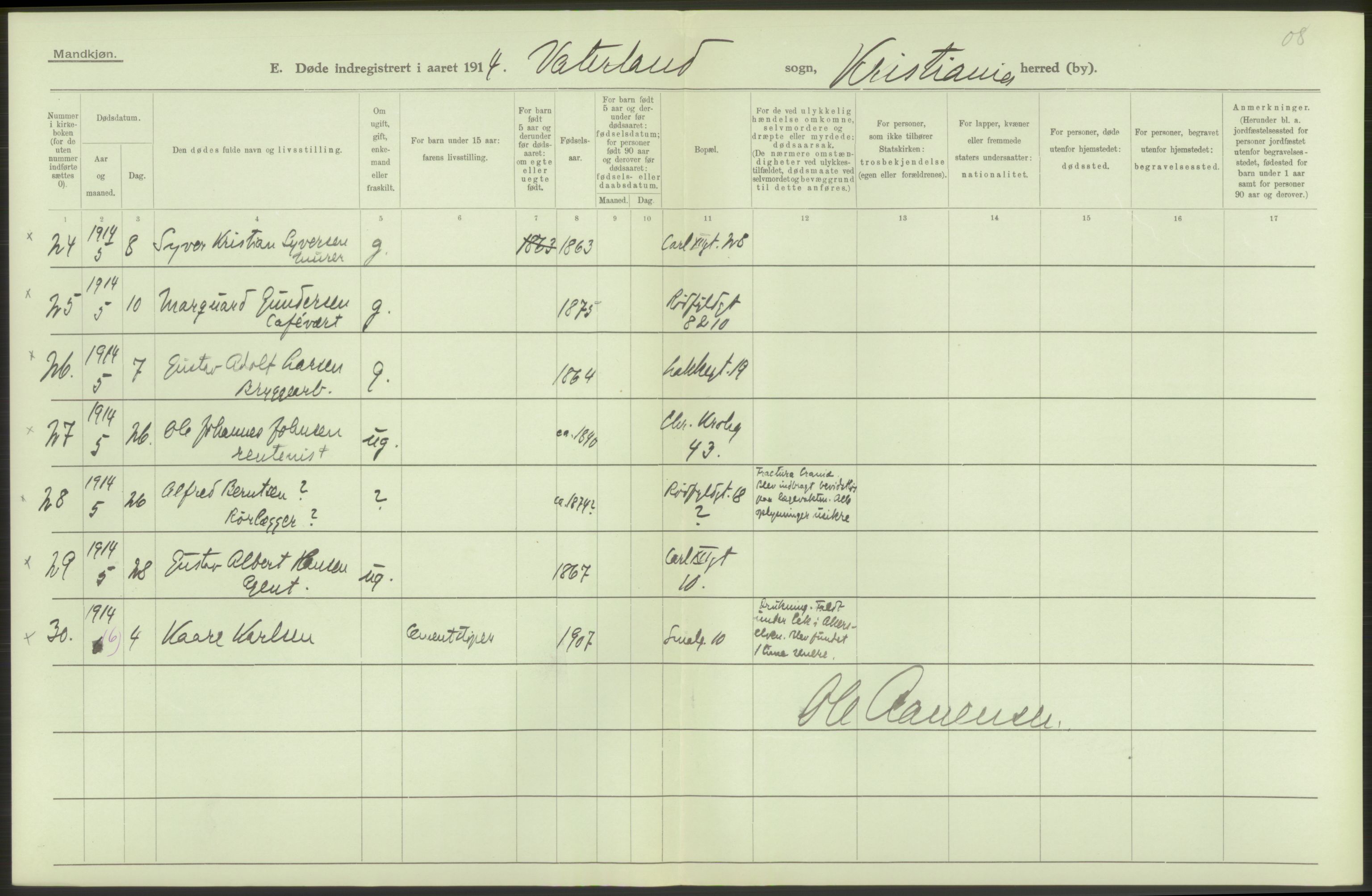 Statistisk sentralbyrå, Sosiodemografiske emner, Befolkning, AV/RA-S-2228/D/Df/Dfb/Dfbd/L0008: Kristiania: Døde, 1914, p. 218