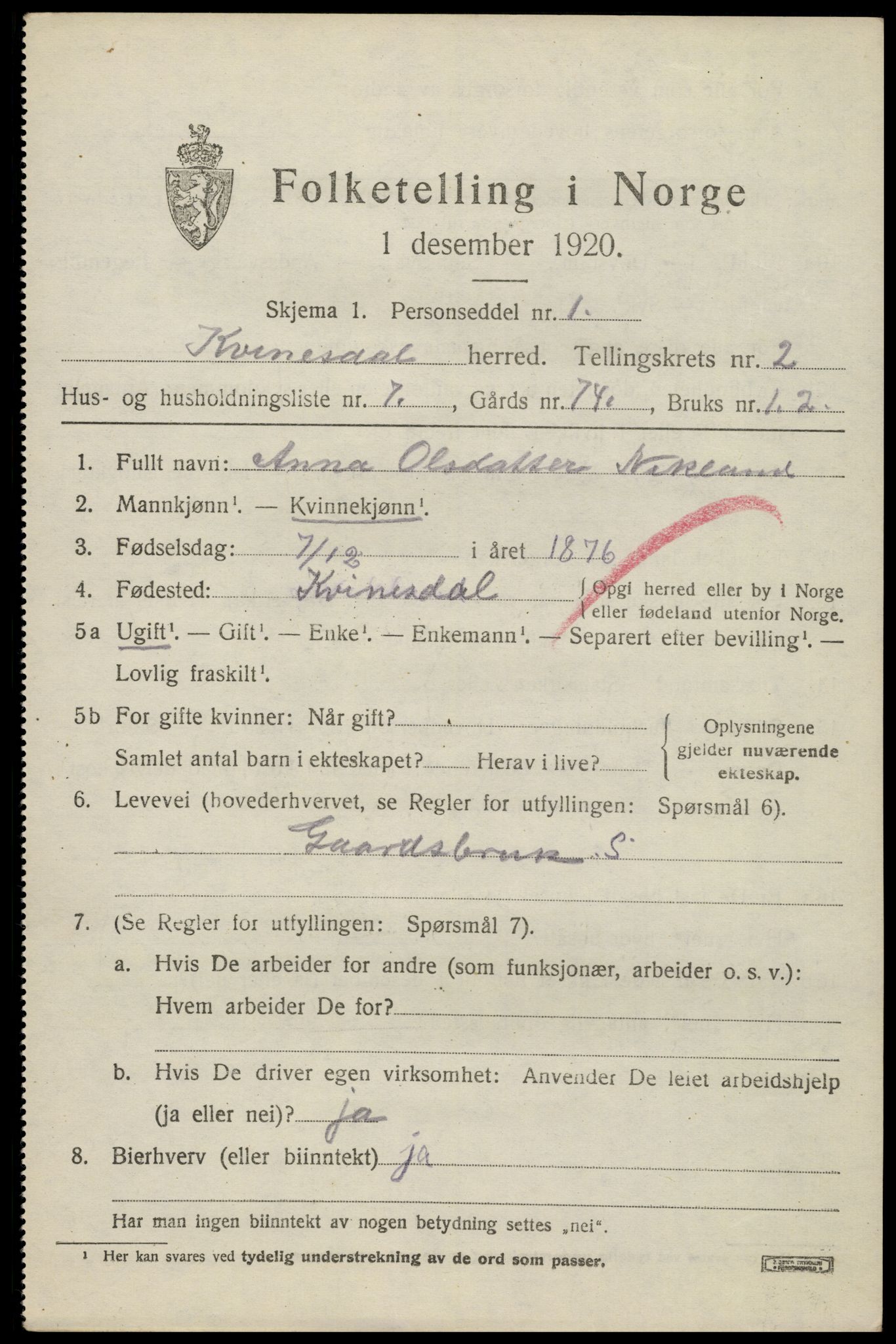 SAK, 1920 census for Kvinesdal, 1920, p. 1973