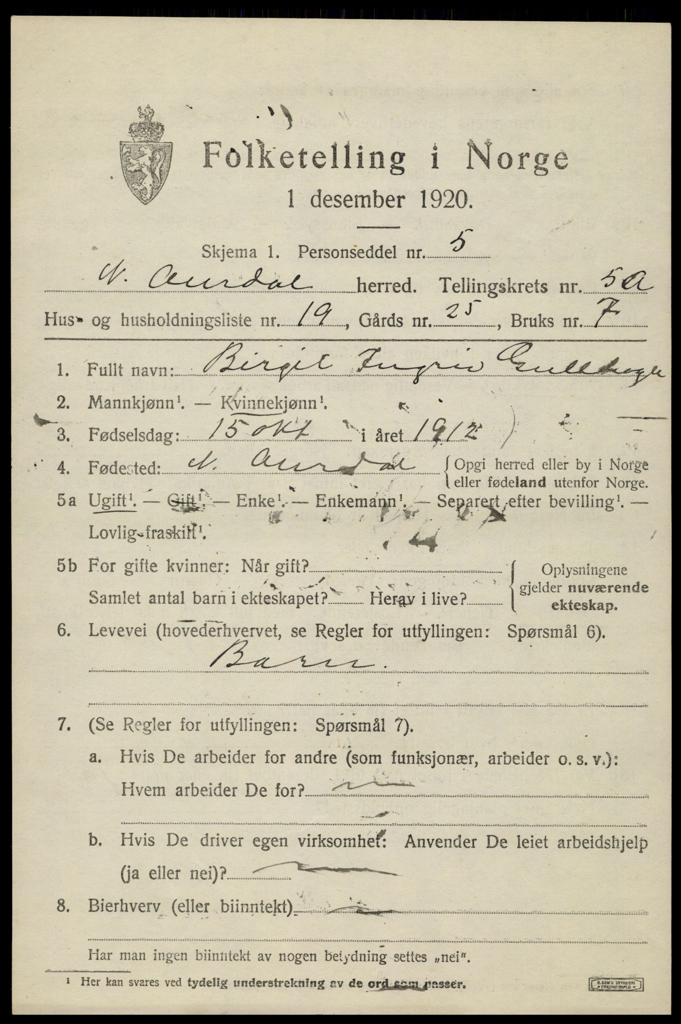 SAH, 1920 census for Nord-Aurdal, 1920, p. 4968