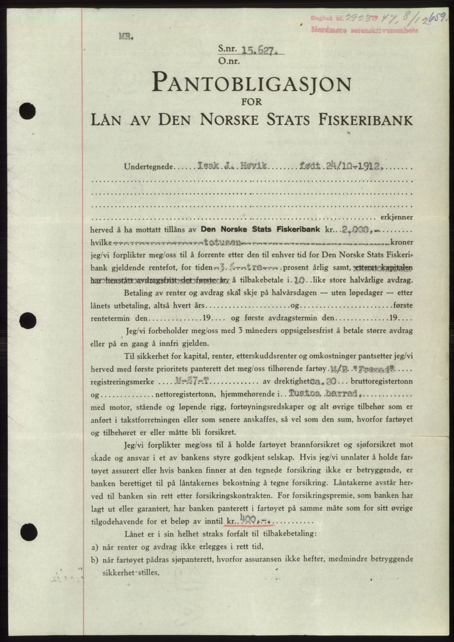 Nordmøre sorenskriveri, AV/SAT-A-4132/1/2/2Ca: Mortgage book no. B97, 1947-1948, Diary no: : 2923/1947