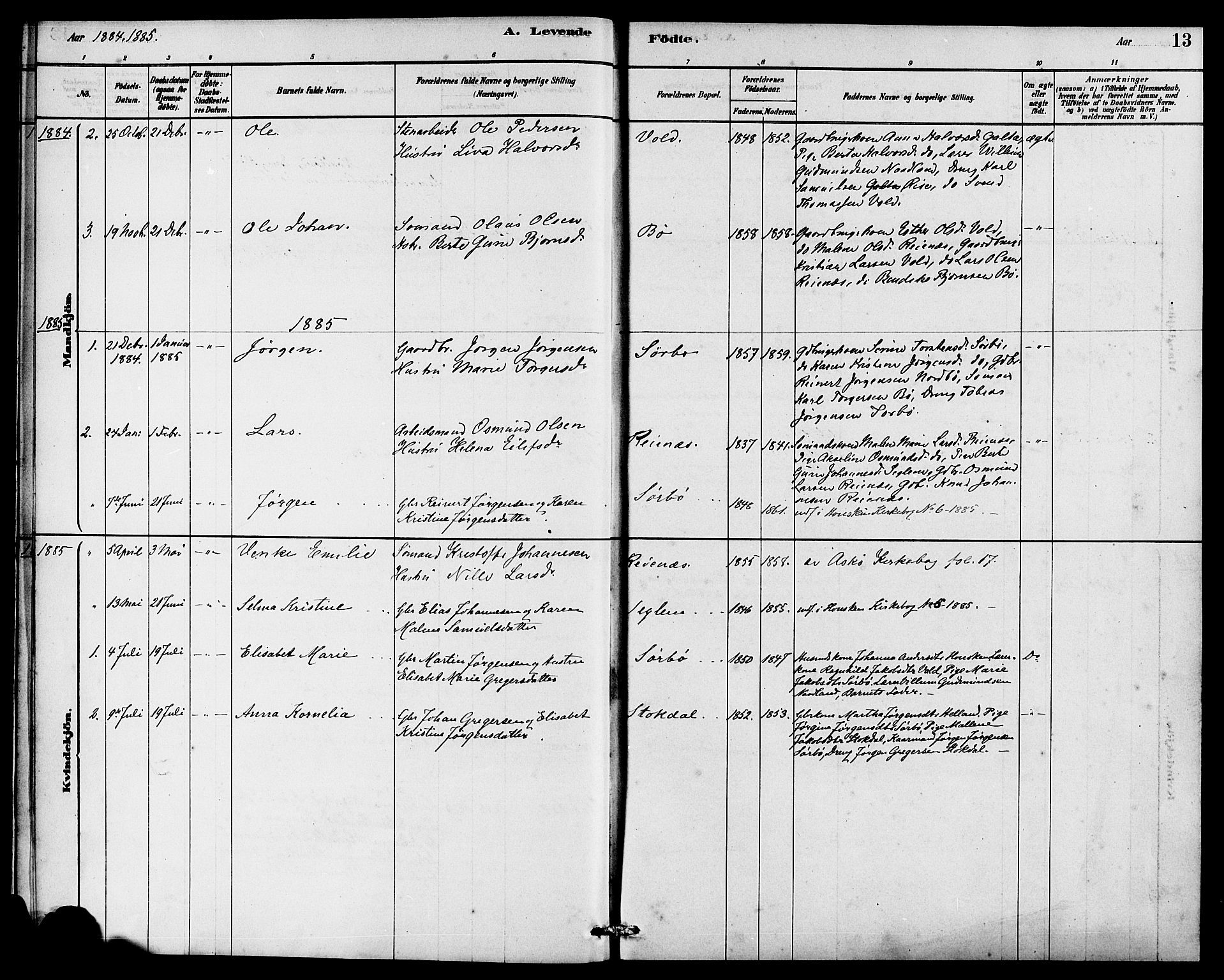 Rennesøy sokneprestkontor, SAST/A -101827/H/Ha/Haa/L0008: Parish register (official) no. A 8, 1878-1890, p. 13