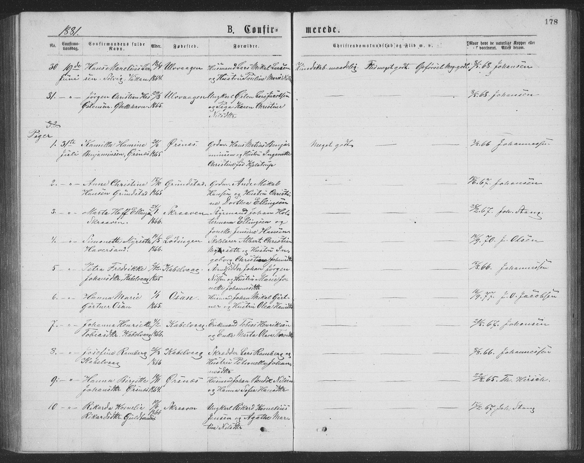 Ministerialprotokoller, klokkerbøker og fødselsregistre - Nordland, AV/SAT-A-1459/874/L1075: Parish register (copy) no. 874C04, 1876-1883, p. 178