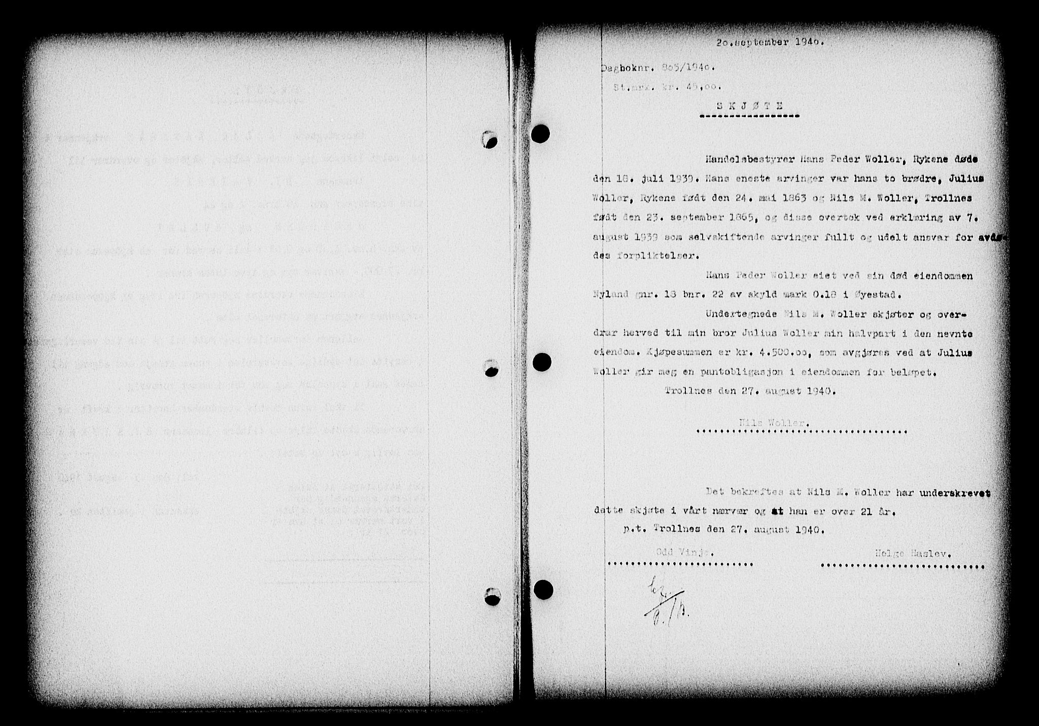 Nedenes sorenskriveri, SAK/1221-0006/G/Gb/Gba/L0047: Mortgage book no. A-I, 1939-1940, Diary no: : 805/1940