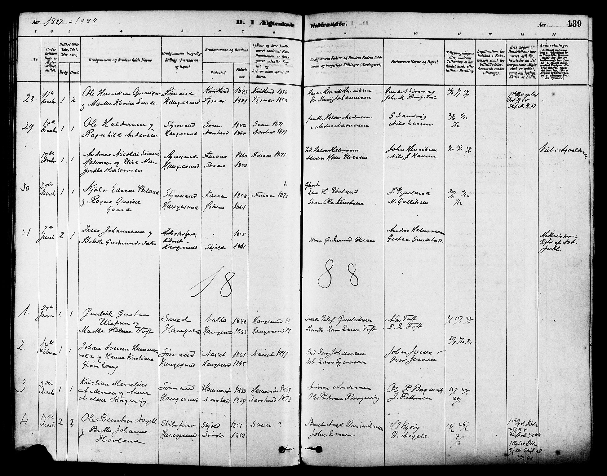 Haugesund sokneprestkontor, SAST/A -101863/H/Ha/Haa/L0003: Parish register (official) no. A 3, 1885-1890, p. 139