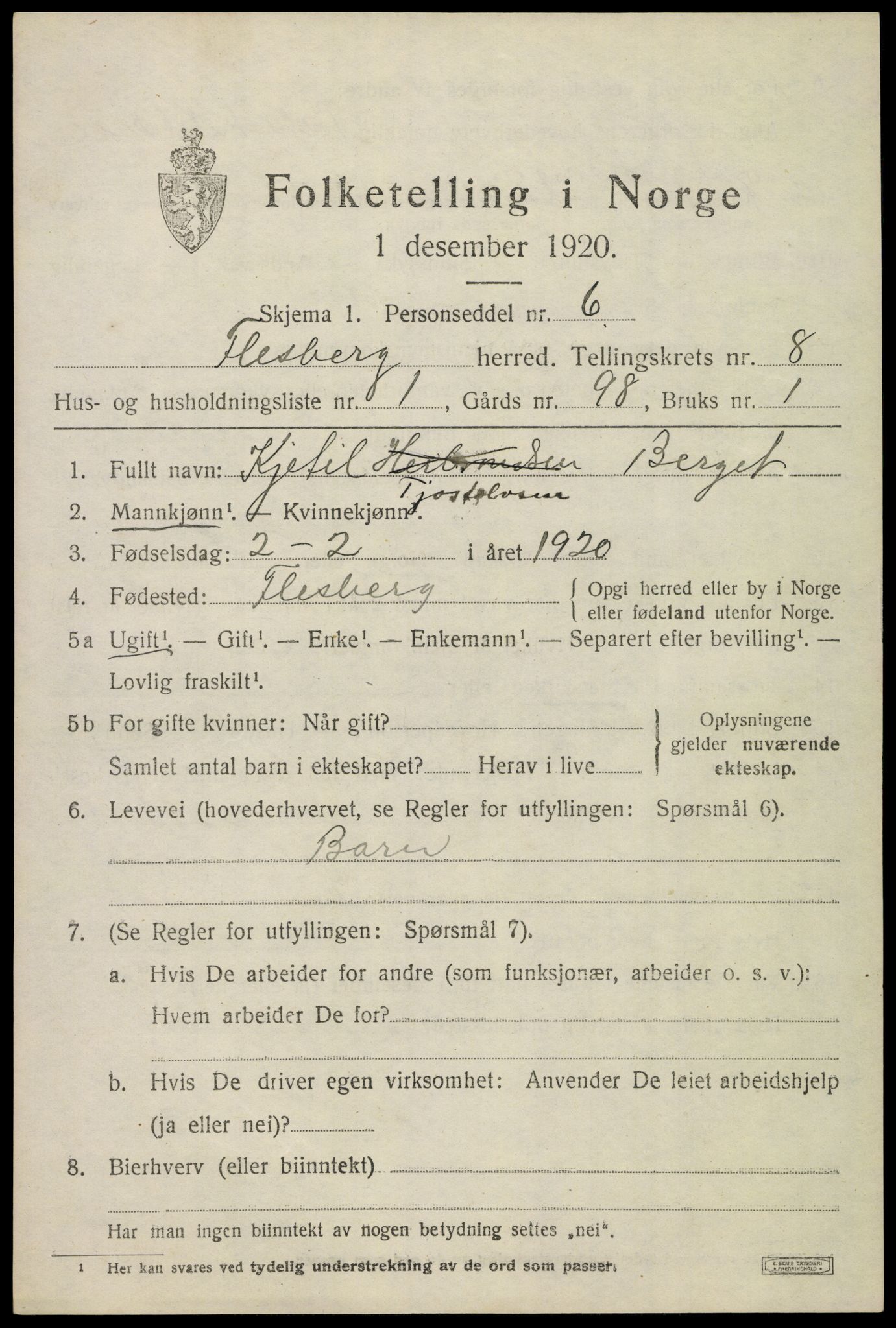 SAKO, 1920 census for Flesberg, 1920, p. 3061