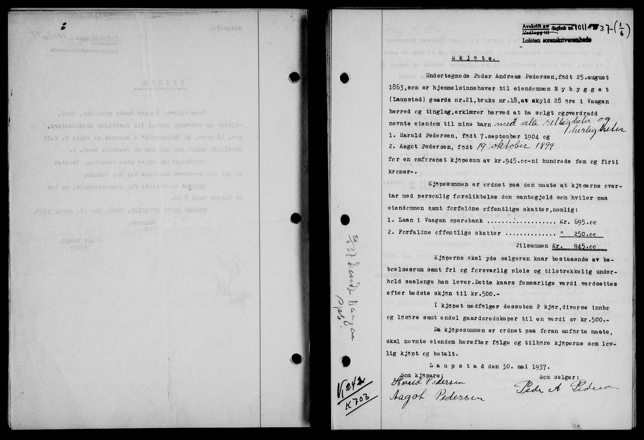 Lofoten sorenskriveri, SAT/A-0017/1/2/2C/L0002a: Mortgage book no. 2a, 1937-1937, Diary no: : 1011/1937