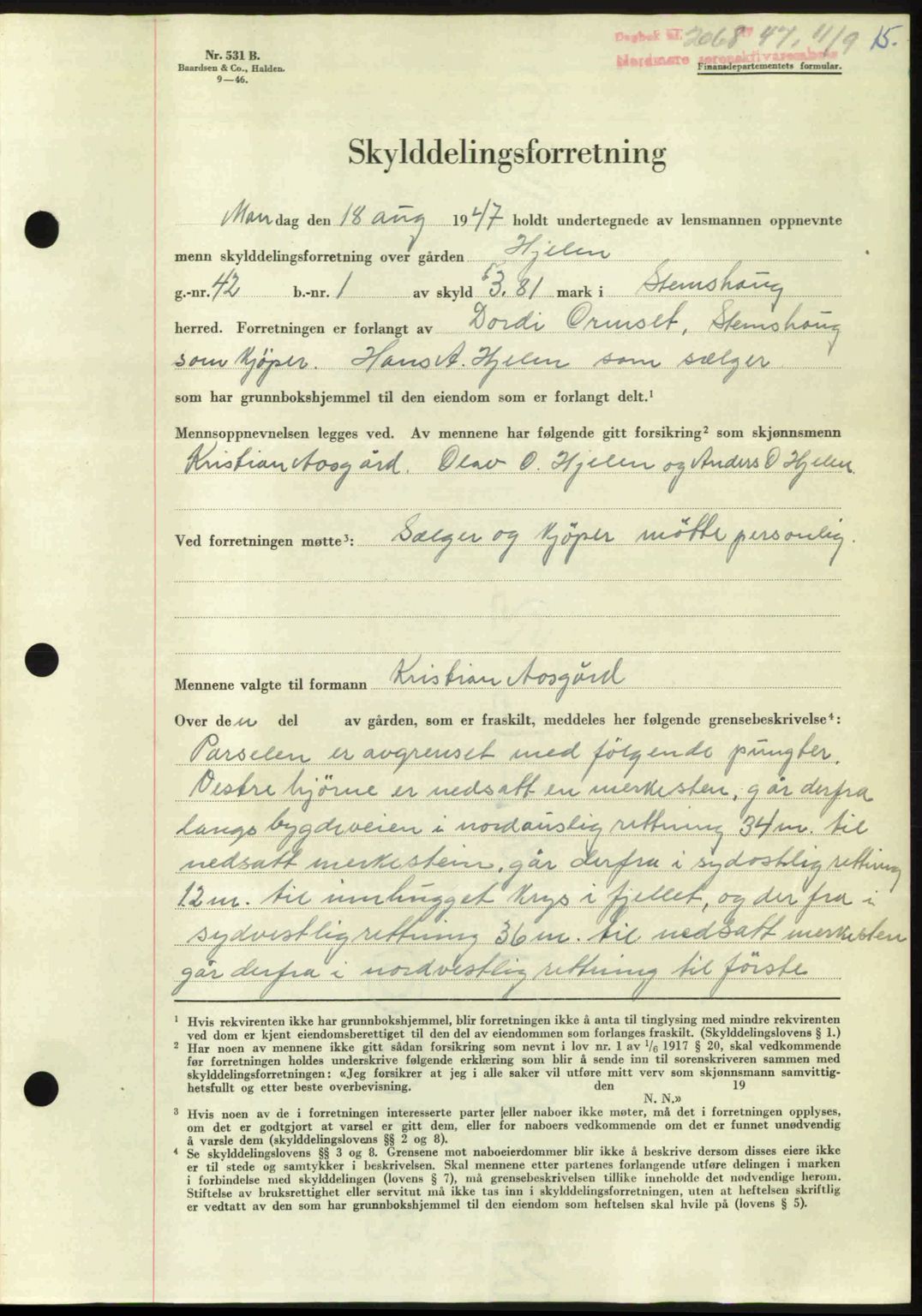 Nordmøre sorenskriveri, AV/SAT-A-4132/1/2/2Ca: Mortgage book no. A106, 1947-1947, Diary no: : 2068/1947