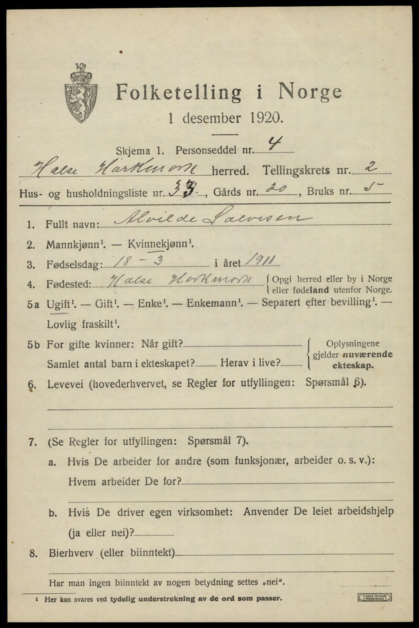 SAK, 1920 census for Halse og Harkmark, 1920, p. 2381