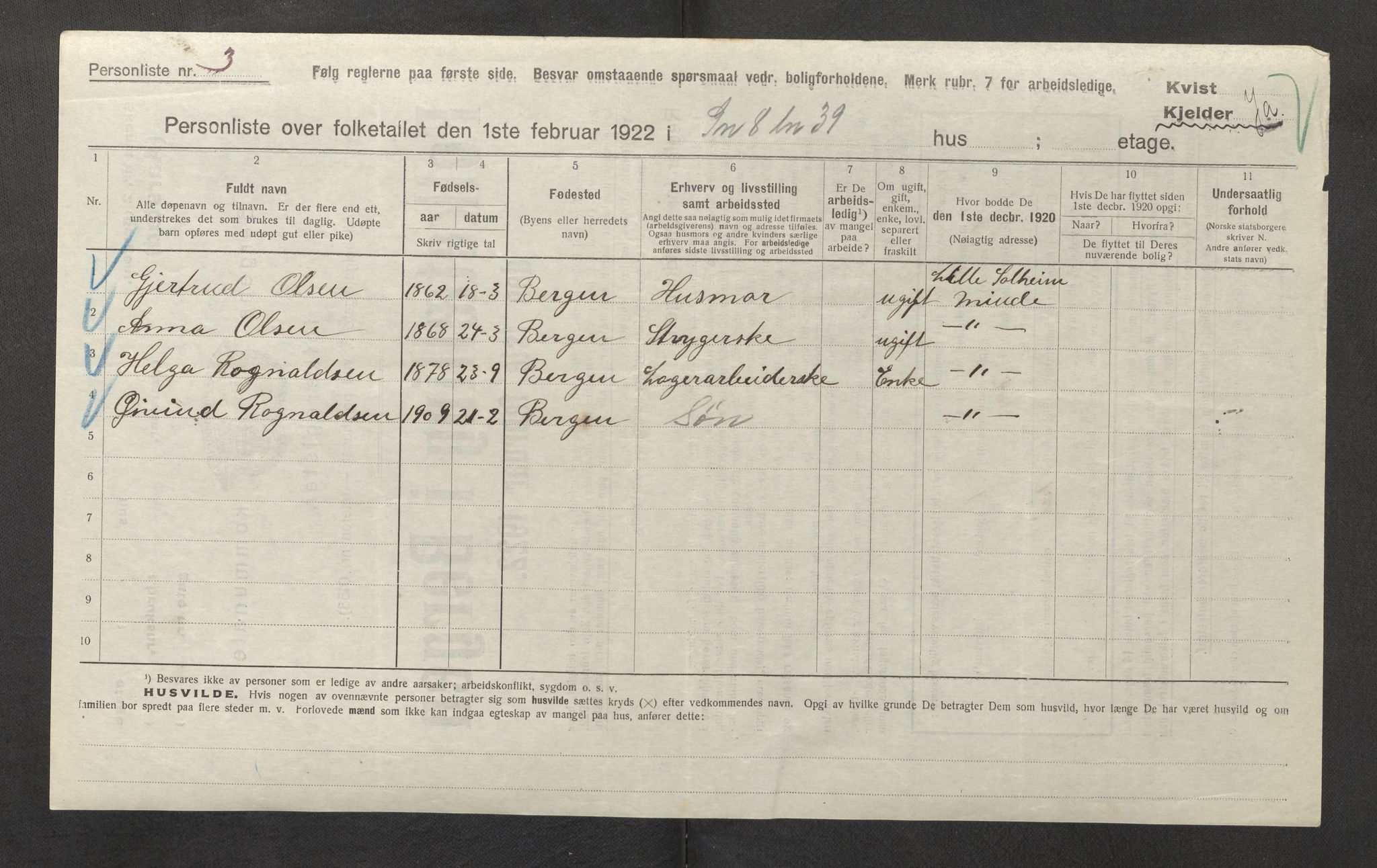 SAB, Municipal Census 1922 for Bergen, 1922, p. 59508